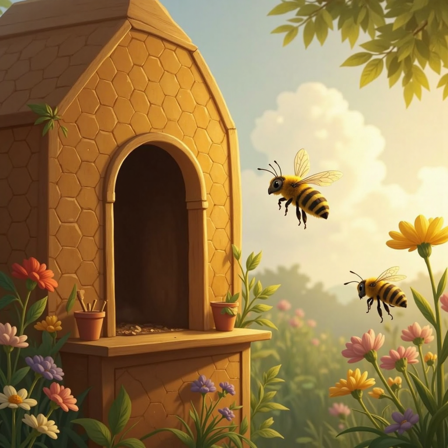 Morning light pours through misty clouds on the same hive balcony as Bambi Bright edges to the brink, foreleg trembling. She suddenly leaps outward, wings unfurling, while Little Lou hovers near the doorway, mouth open in a cheering shout.