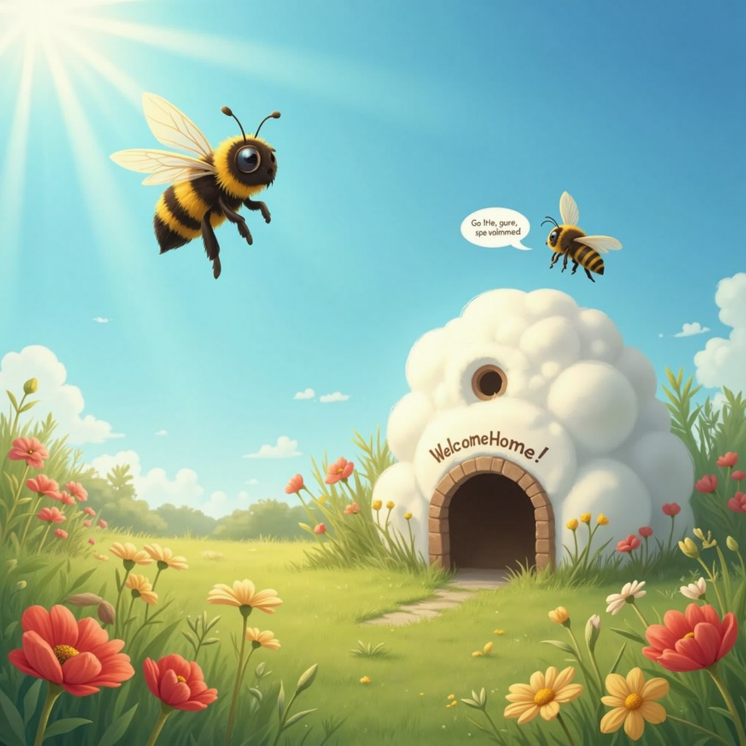 High above a sun-bathed flower meadow, Bambi Bright tumbles through brilliant blue sky, tiny wings whirring and unfinished stripes rippling in the wind. Far above her, Little Lou is a distant speck near the cloud hive, shouting praise.