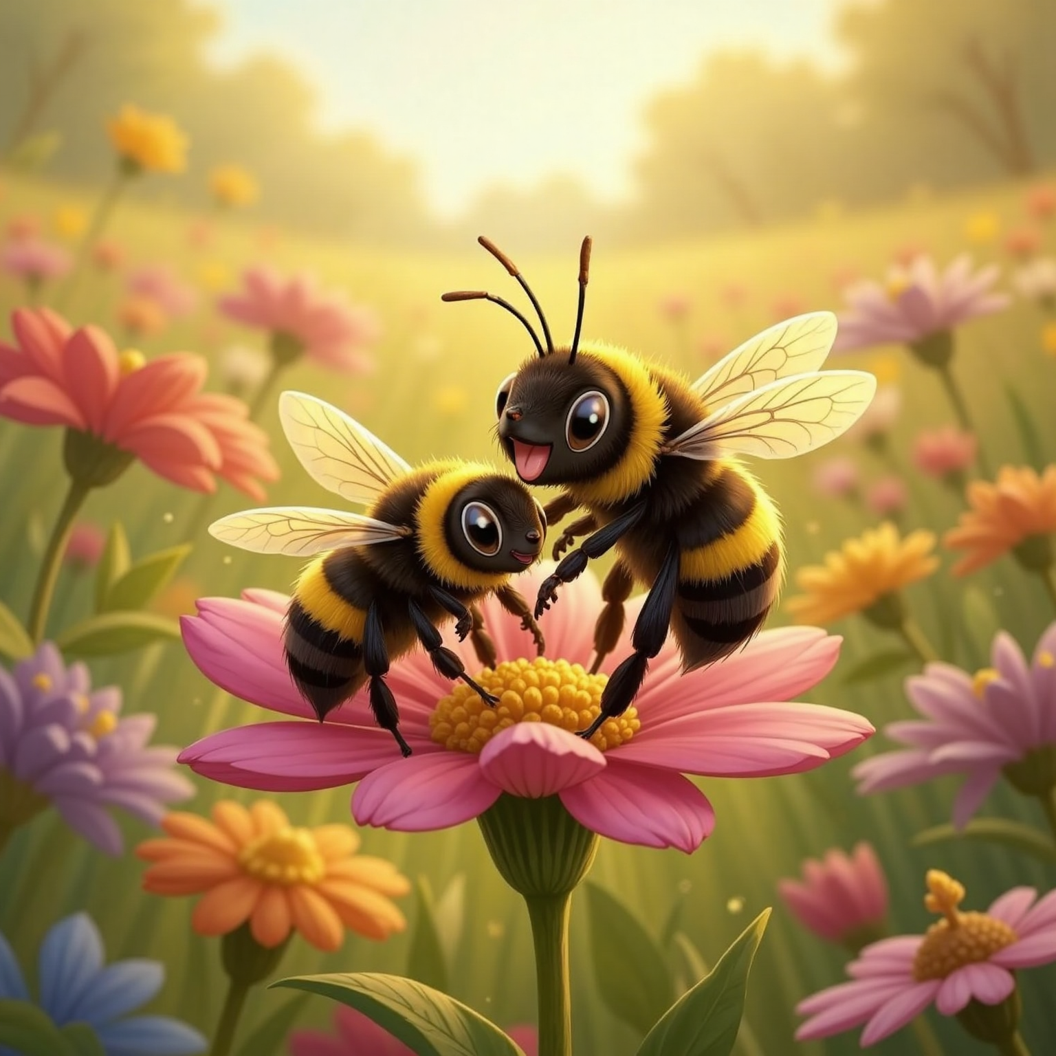 In a bright afternoon flower field, Bambi Bright lands softly among tall multicolored blossoms, smiling wide as petals swirl. Little Lou wraps tiny wings around her in a proud hug, golden sunlight illuminating their joyful faces.