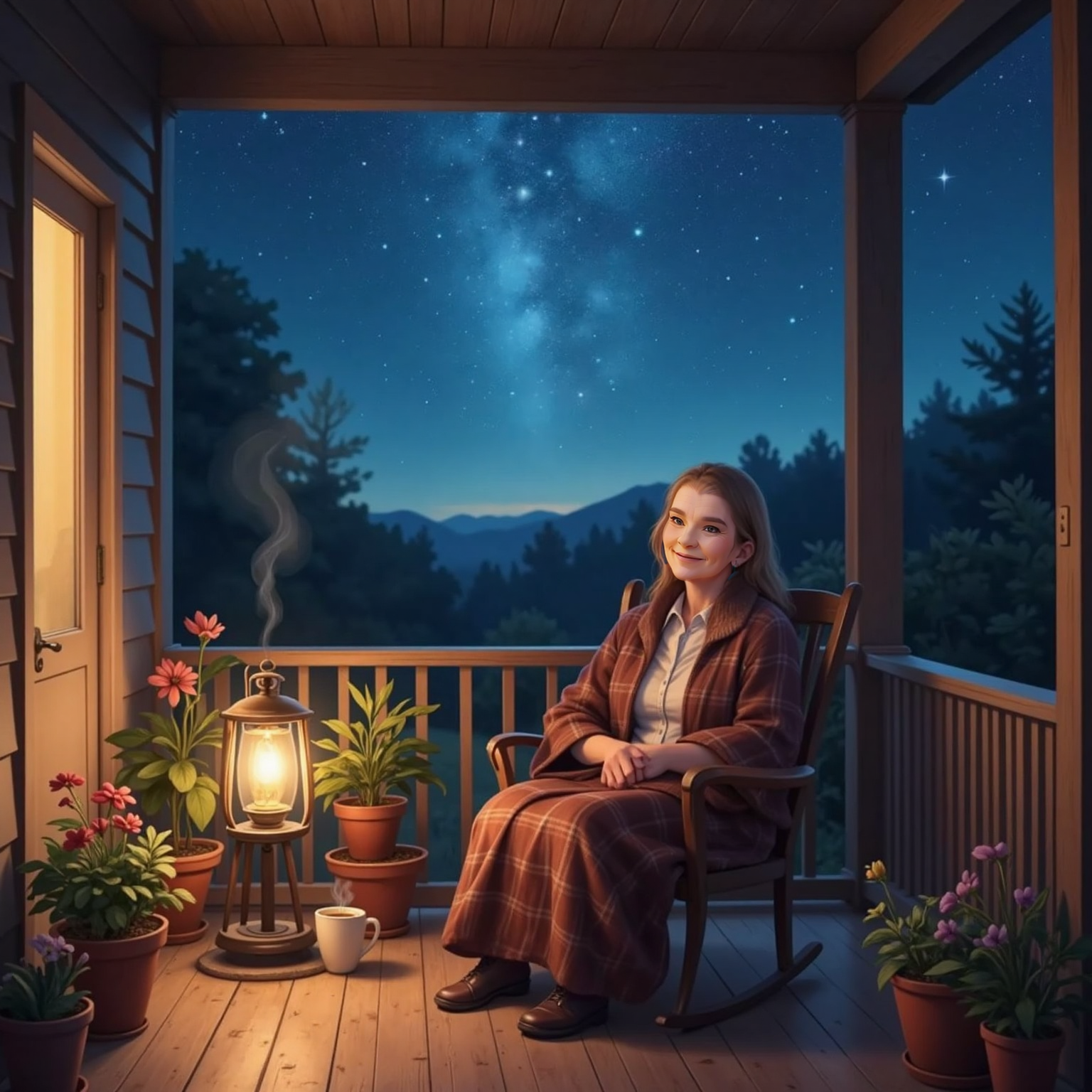 Nighttime on Granny's front porch under clear starlit sky; soft lamplight glows beside a wooden rocker. Granny sits wrapped in a plaid blanket, eyes lifted to the sparkling heavens, a steaming mug resting on the railing.