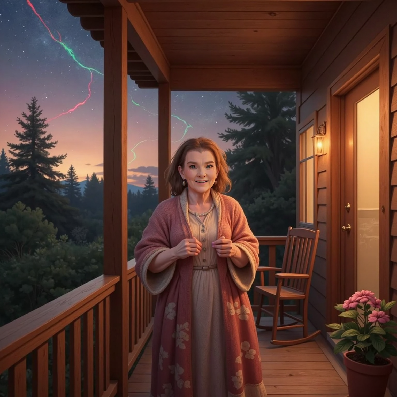 Evening on the same porch, dusky sky turning violet; Granny stands at the railing, mouth open in delight. A bright red-and-green light zips above treetops, casting playful reflections on her glasses.