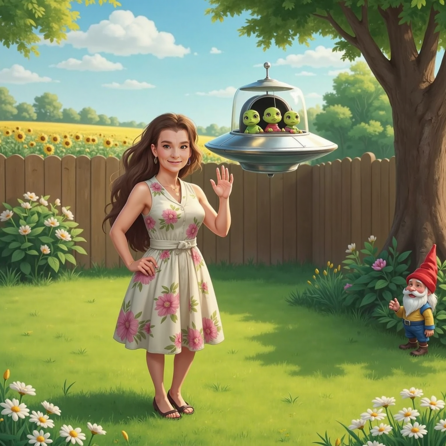 Sunny afternoon in Granny's backyard dotted with daisies; a small chrome UFO hovers just above the grass. Granny greets friendly visitors with big eyes who wave from the craft's open hatch.