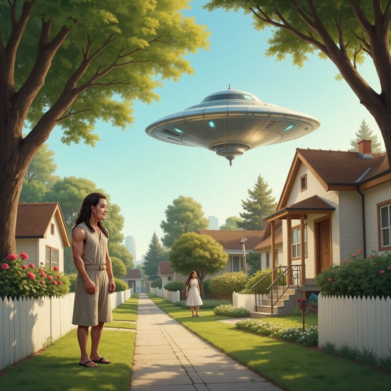 Late afternoon on a quiet suburban street, sunlight filtering through oaks; JESUS pauses at Granny's white picket fence, eyes wide. The chrome UFO hovers beyond the house while friendly visitors with big eyes peer curiously from its doorway.