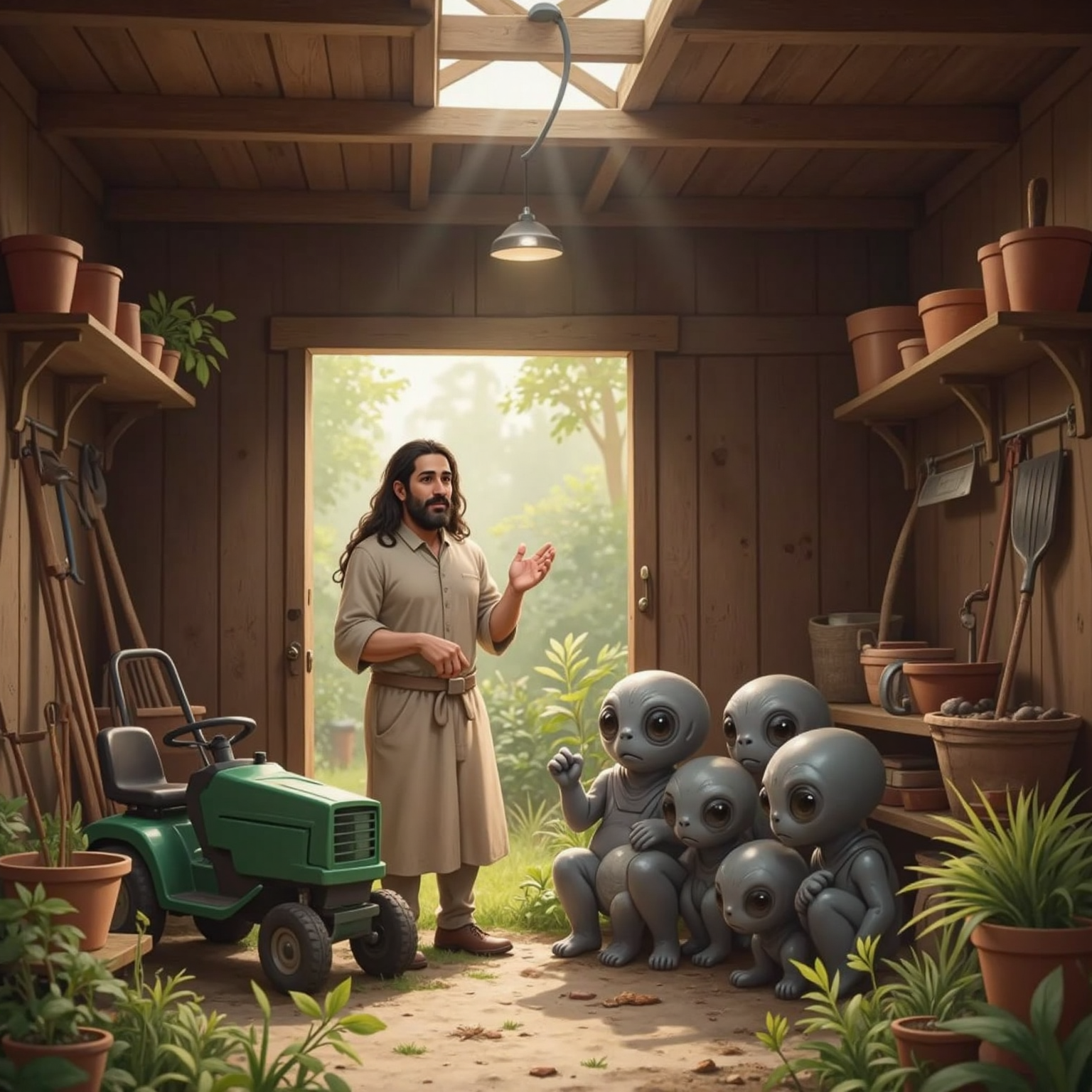Wooden shed with gardening tools; JESUS gestures GREY ALIEN visitors with big eyes stand huddled near a lawnmower. Sunbeams slip through cracked boards, illuminating their confused faces.