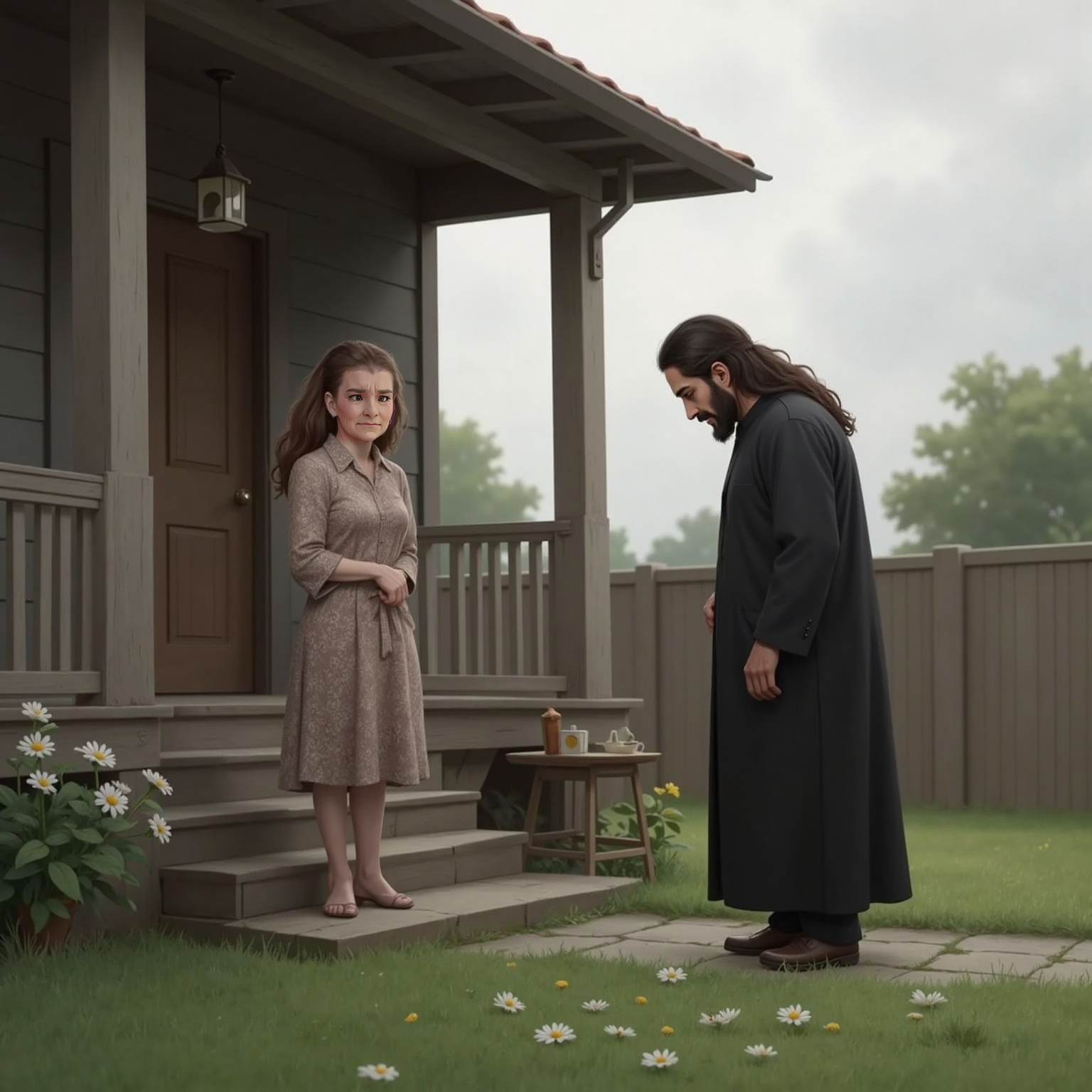 Overcast afternoon in Granny's front yard, damp grass underfoot; Granny stands near the porch steps, tears on her cheeks, facing JESUS who lowers his head. An empty patch of trampled daisies lies beside them, reminding of the missing visitors.
