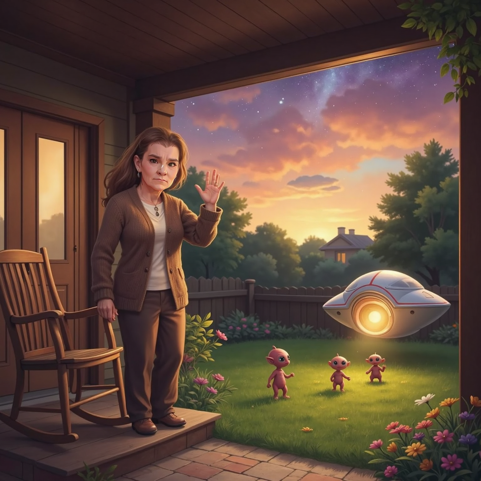 Twilight in the backyard, streaks of orange sky; friendly visitors with big eyes hurry across the grass toward their glowing UFO, hatch open. Granny waves sadly from the porch while the craft lifts, its lights reflecting off her spectacles.