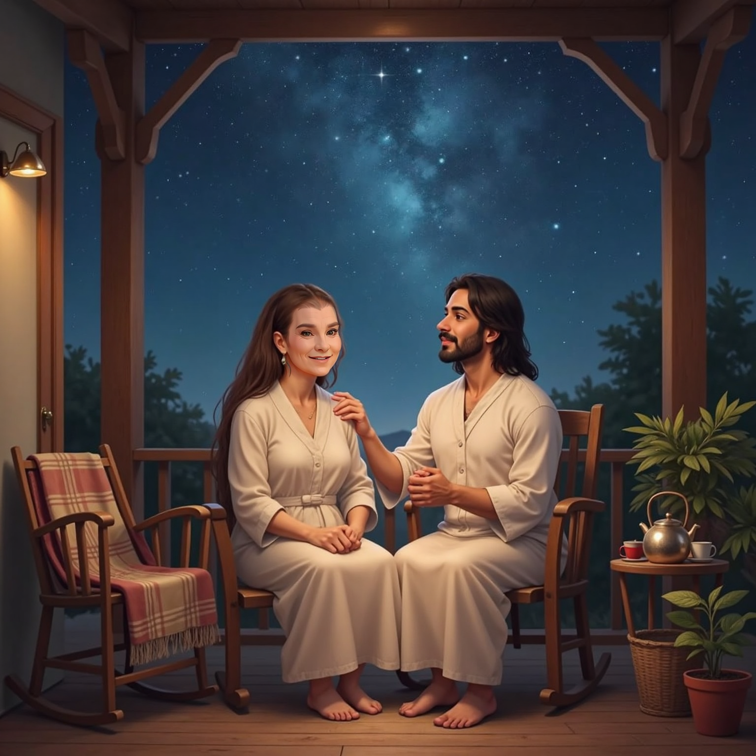 Peaceful night on the porch under a canopy of stars; JESUS gently places his hands on Granny's shoulders, golden light glowing around them. An empty rocking chair, plaid blanket, and kettle of tea sit nearby as they smile skyward together.