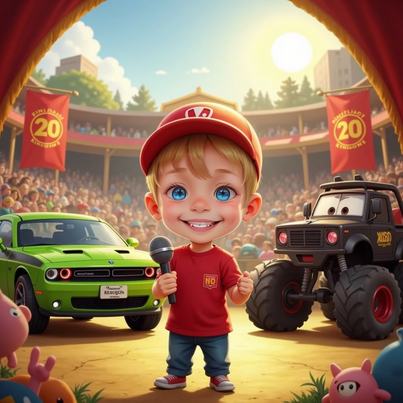 On a sunlit outdoor golden stage, Commissioner Jacob stands center with a proud smile, microphone in hand. Chick Hicks grins beside him as Monster Truck revs angrily, headlights glowing.