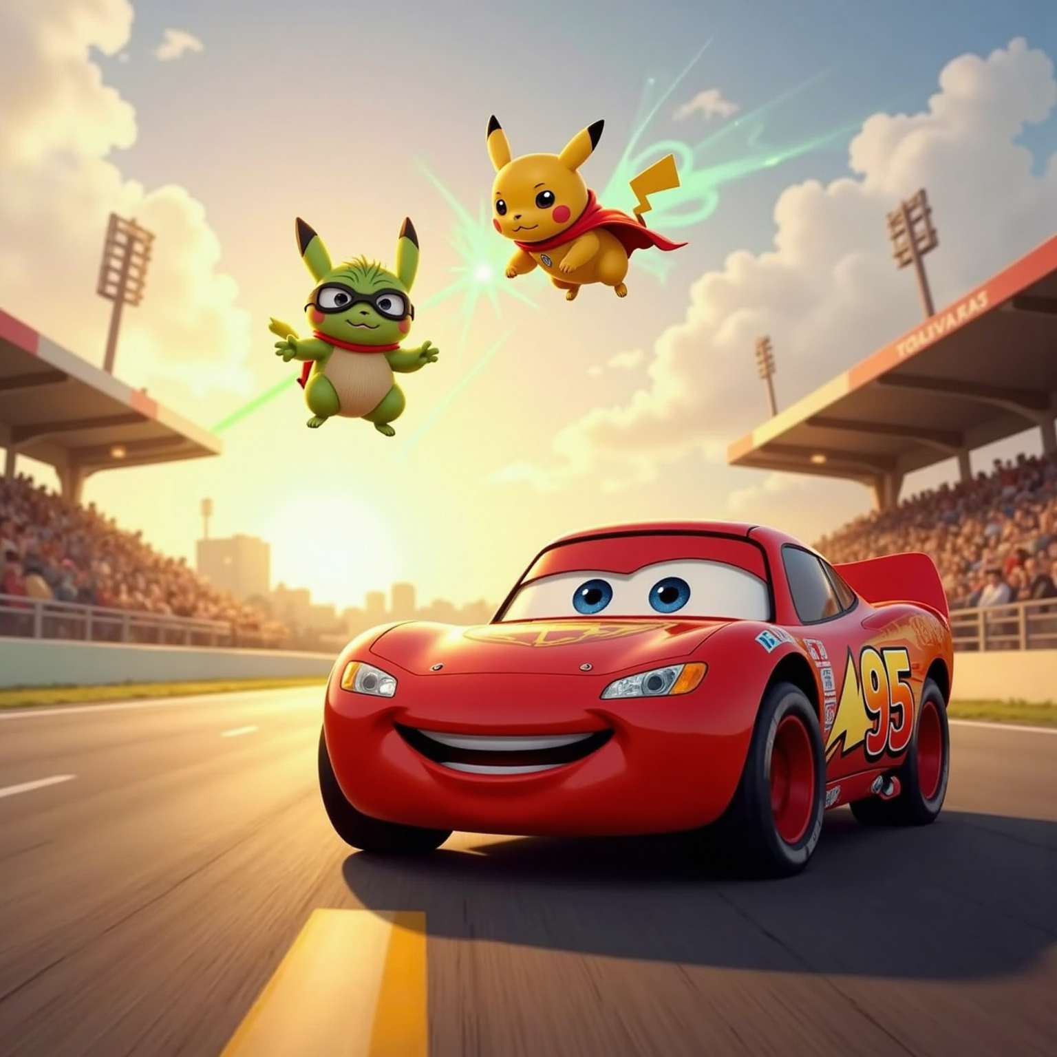 At the sparkling starting line under bright morning sun, Super Lightning McQueen idles and winks confidently. Super Baby Yoda levitates by his doorframe smiling while Super Bunny hovers overhead, red cap fluttering.
