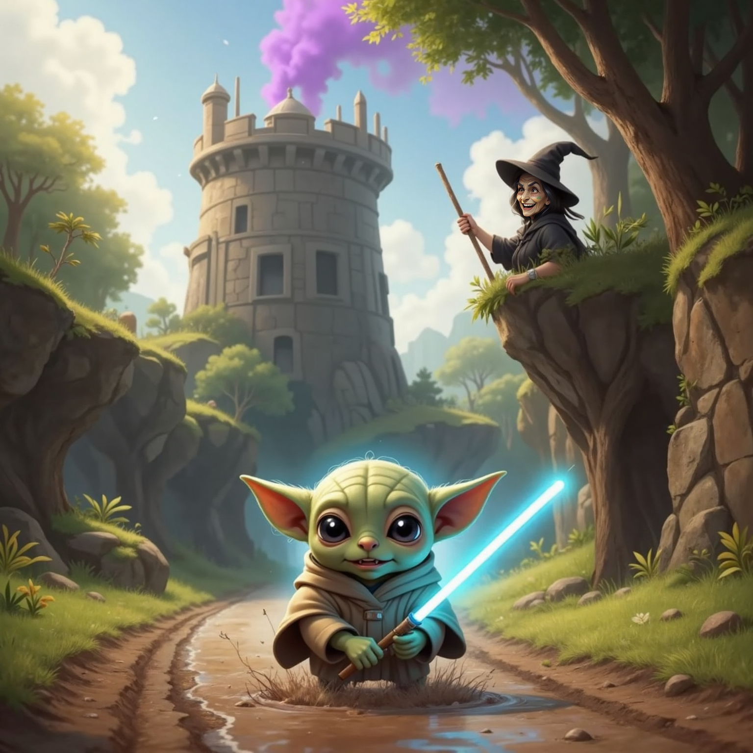 On a sunlit roadside beneath a tall, twisty tower, Super Baby Yoda skims over splattering mud with serene concentration. The distant Coven of Witches cackle from a balcony, purple smoke swirling around them.