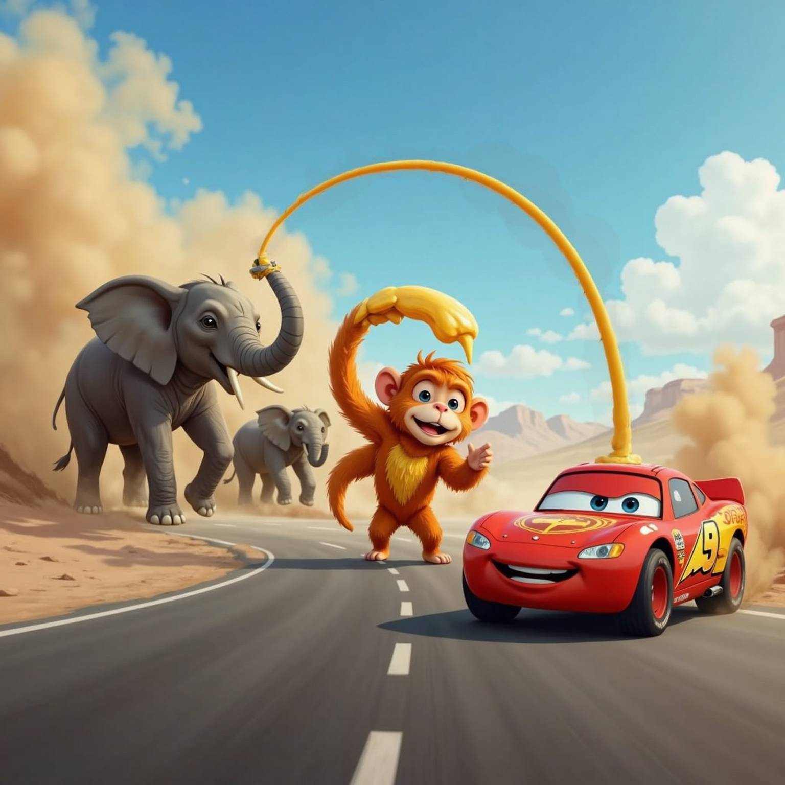 On a sunny track curve, Super Cheesecake stands mid-lane, orange fur bristling, firing sticky cheesecake toward three gigantic elephants. Super Lightning McQueen skids nearby, eyes wide and tires kicking up dust.