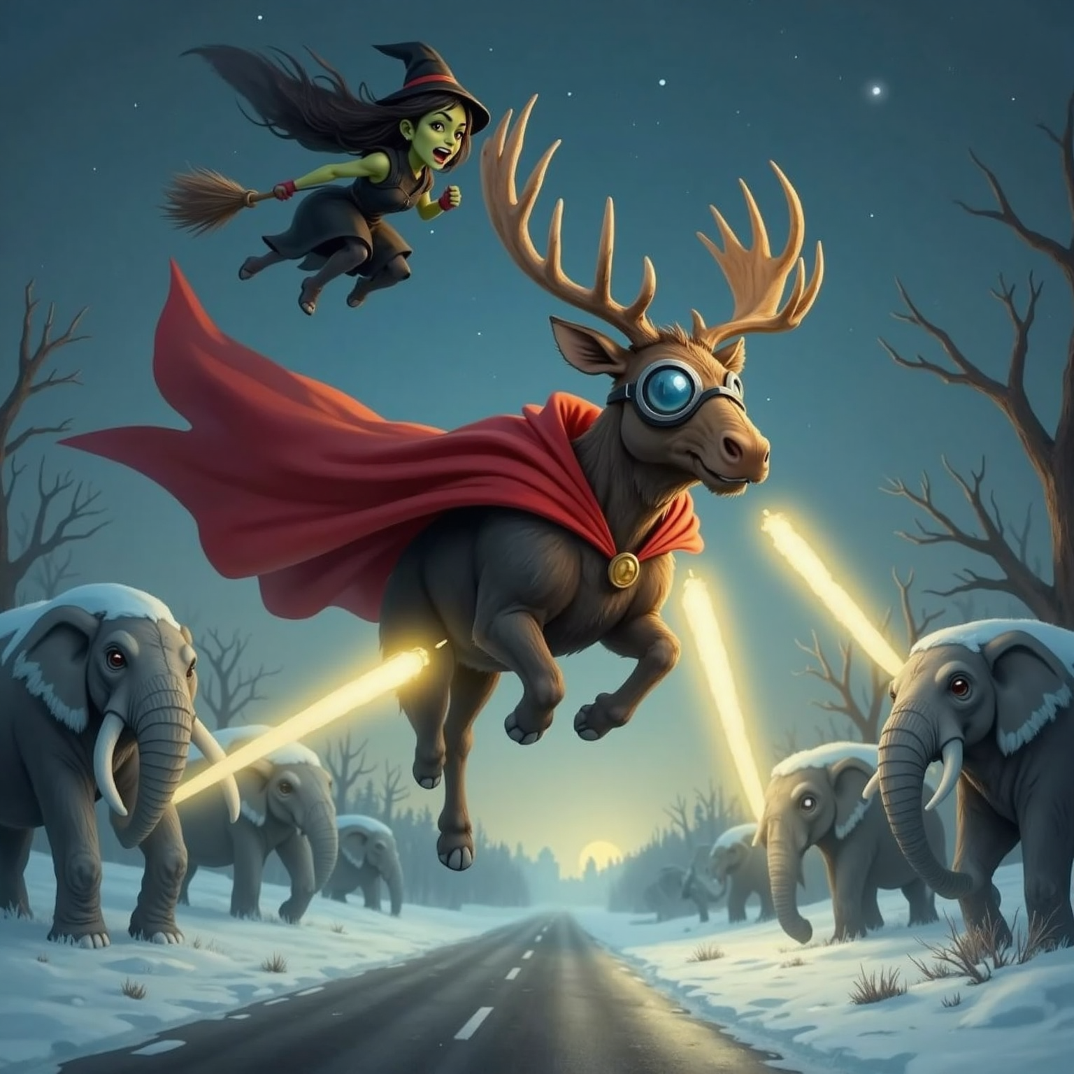At a dusky stretch beside still-frozen elephants, Super Moosey hovers midair, red cape rippling, antlers firing bright laser beams that illuminate the road. Wary-Scary Witch glides above on her broom, snarling.