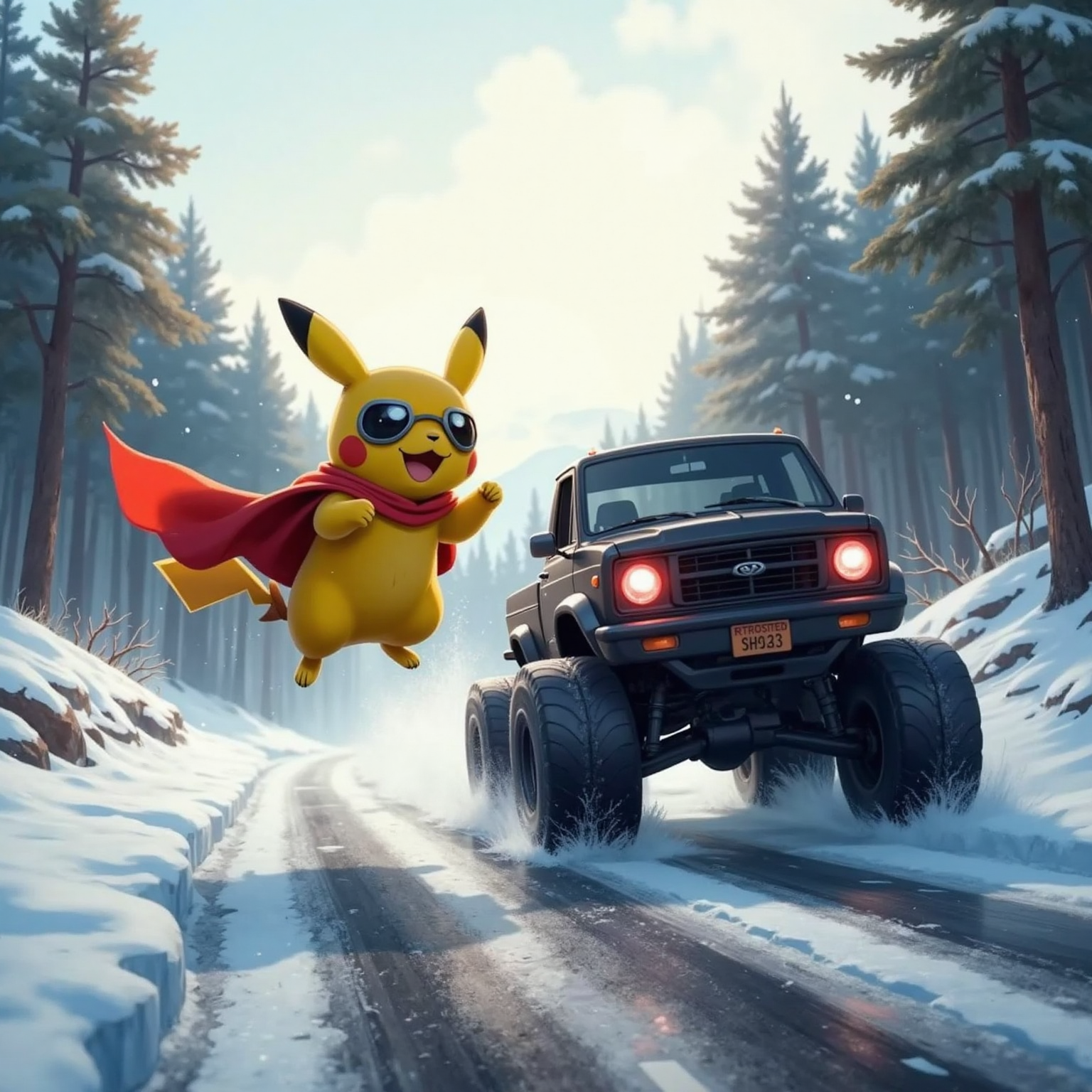 On Mount Fuji’s snowy road under pale morning light, Super Bunny floats ahead, cheeks puffed as freeze breath blasts away tumbling snowflakes. Behind him Monster Truck tilts sideways, wheels sliding across glittering ice.