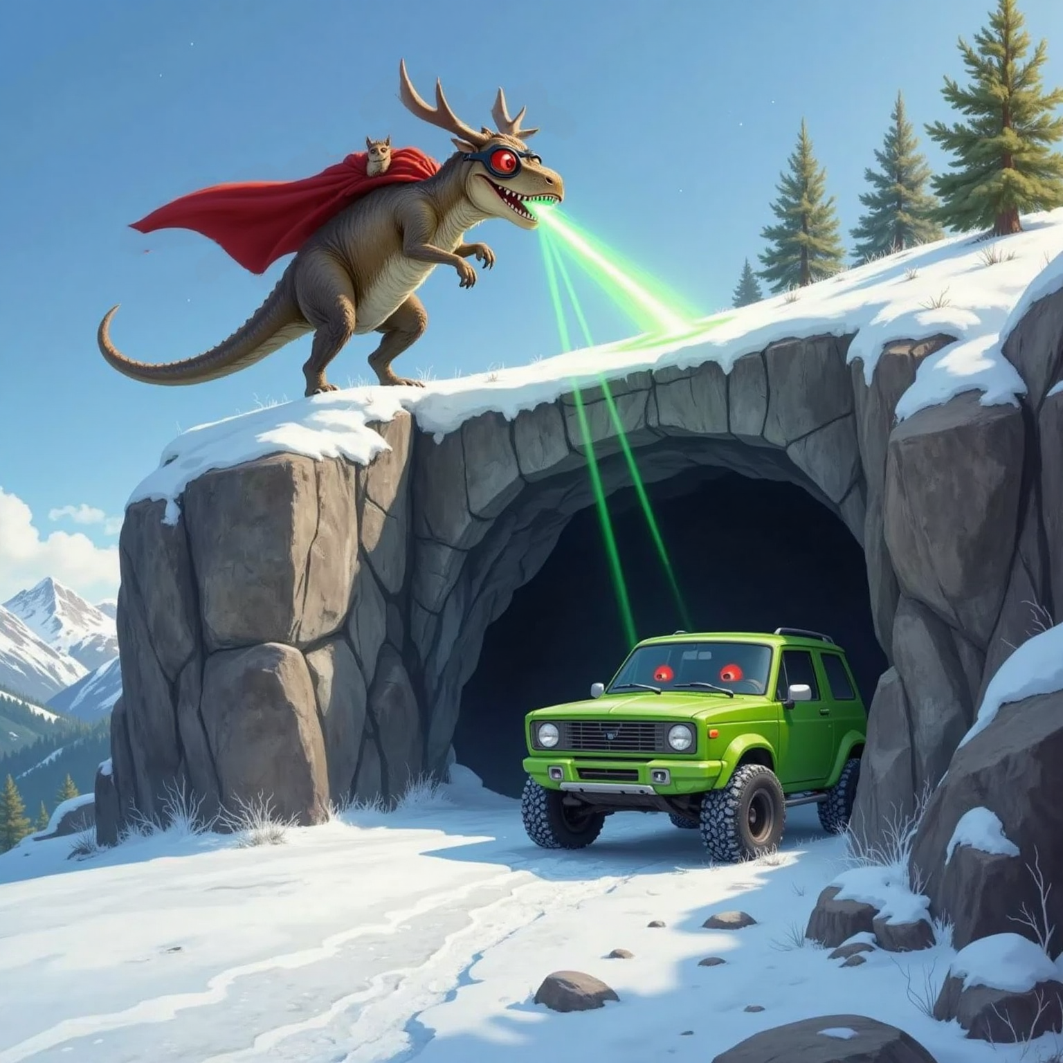 Outside a gray cave mouth on the snowy slope, a towering Tyrannosaurus Moles roars with red eyes blazing. Super Moosey fires a precise laser corridor beside it, while Chick Hicks peeks nervously from behind a boulder.