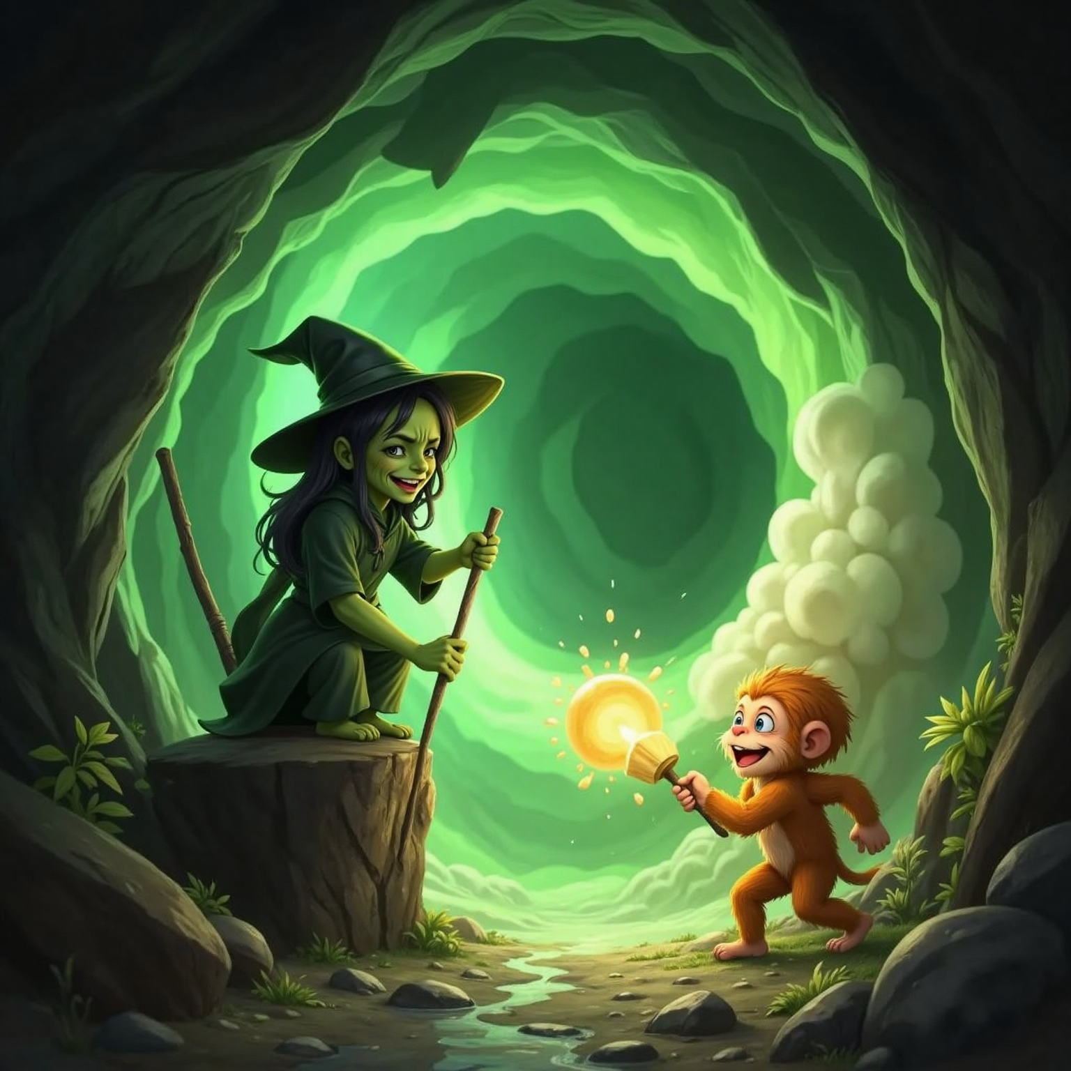 At the shadowy cavern entrance, Wary-Scary Witch stands on a jagged rock, wand raised, summoning swirling green wind. Super Cheesecake fires creamy cheesecake into the gusts, smiling wide as dessert clouds form.