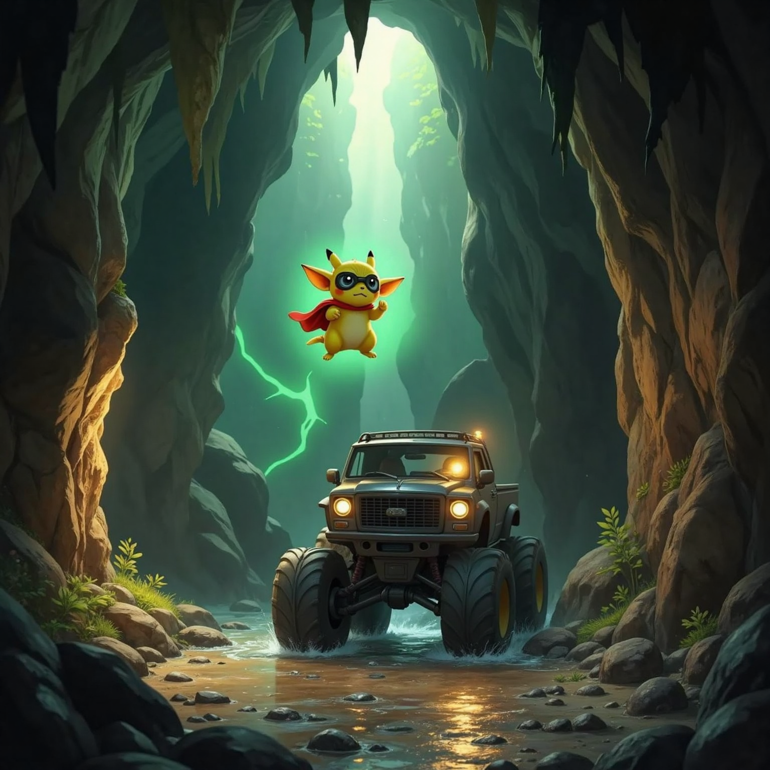 Deep inside the dim cavern lit by flickering headlamps, Super Baby Yoda drifts forward wrapped in soft emerald aura. Super Bunny glides near the ceiling warning of stalactites while Monster Truck brakes inches from a jagged stone pillar.