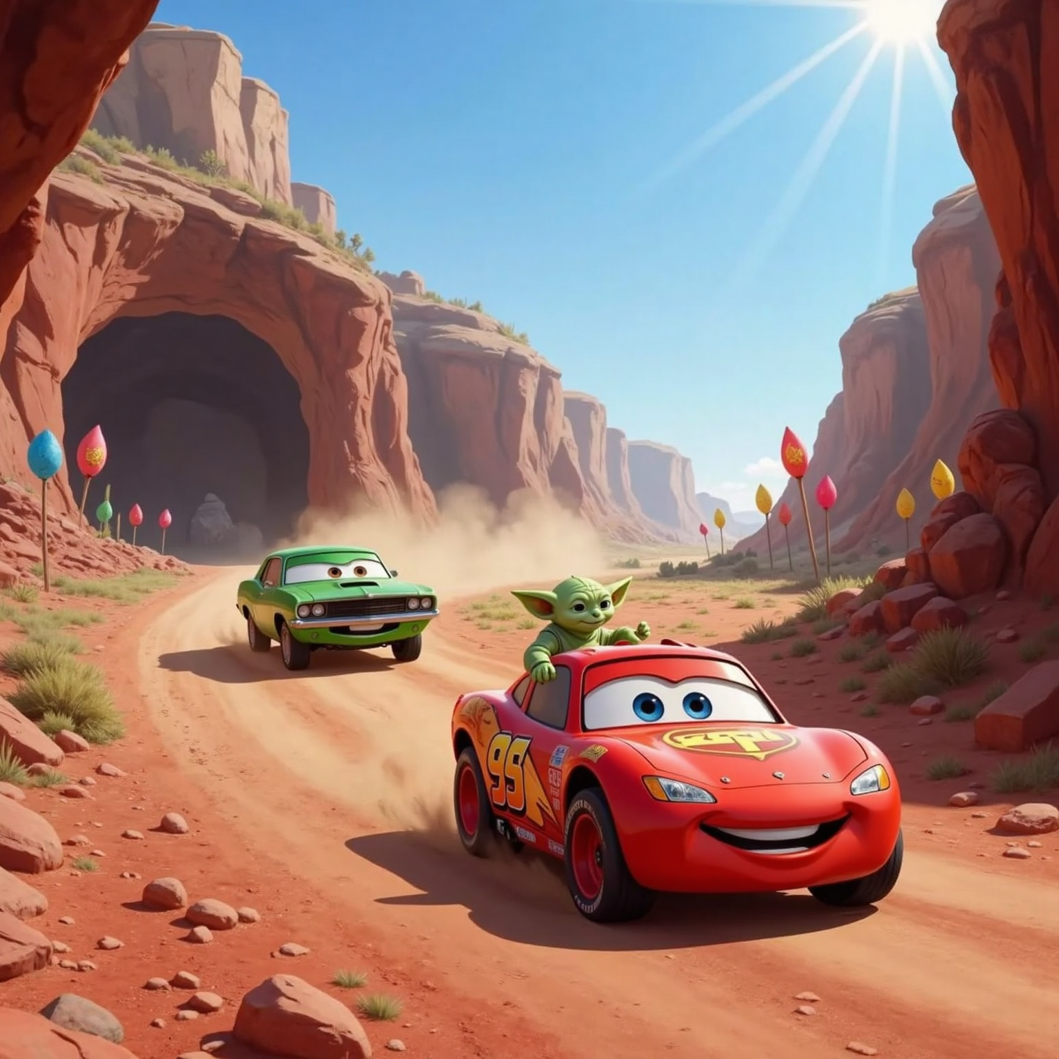On a sun-drenched plain beyond the cavern mouth, colorful kingdom flags flutter. Super Baby Yoda rockets ahead with determined eyes, Super Lightning McQueen grips the dirt road close behind, and Chick Hicks skids after them, dust swirling around his grin.
