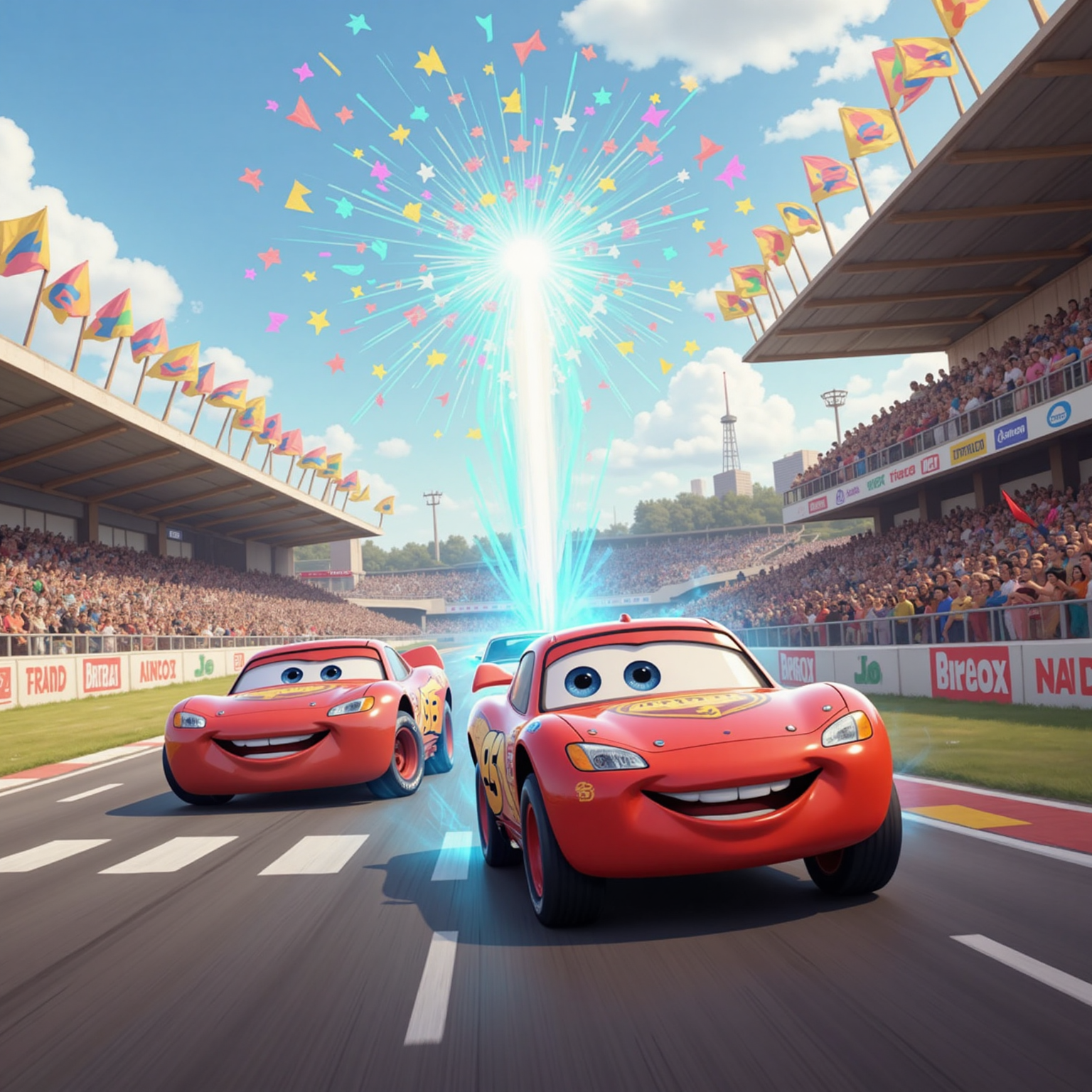 At the vibrant finish line under noon sun, Super Baby Yoda glides across first, tiny hands raised triumphantly. Super Lightning McQueen screeches in a heartbeat later as confetti erupts and spectators wave rainbow banners behind the barrier.