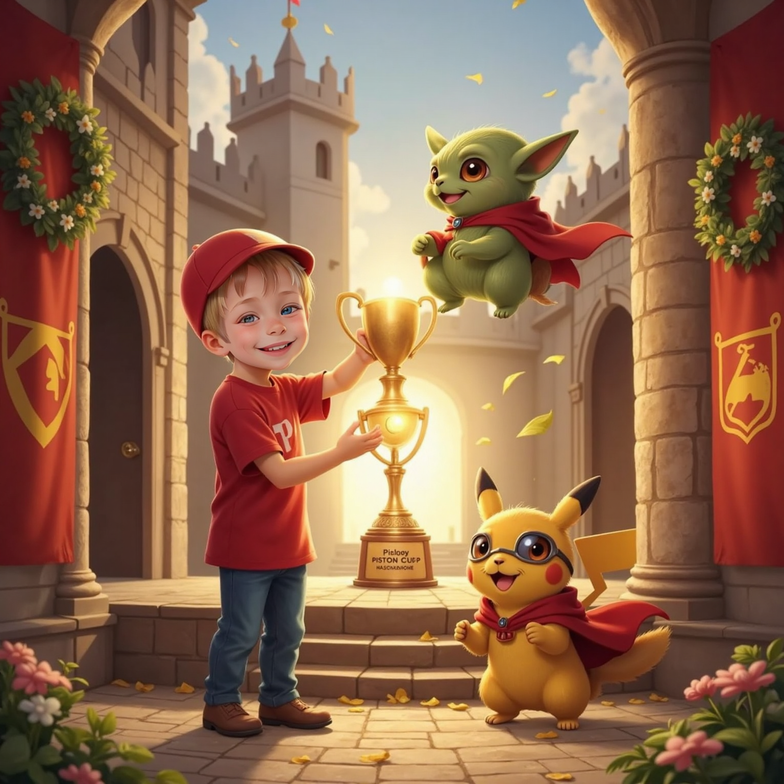 On a brightly lit castle courtyard stage at sunset, Commissioner Jacob presents the gleaming Piston Cup to a beaming Super Baby Yoda held aloft. Super Bunny claps happily beside a cascade of golden confetti.