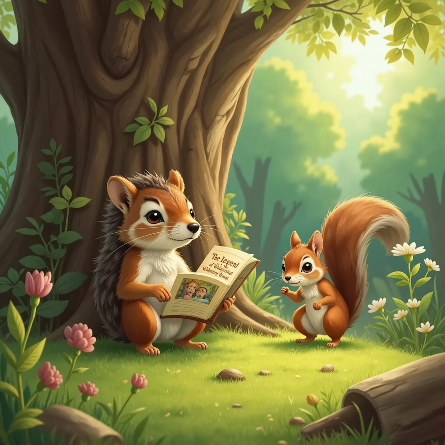 In a sunlit forest clearing beneath a tall oak, Hugo sits at the tree’s base reading an adventure book and blushing. Nutsy lands beside him after leaping a log, nut shells scattering around his wide grin.