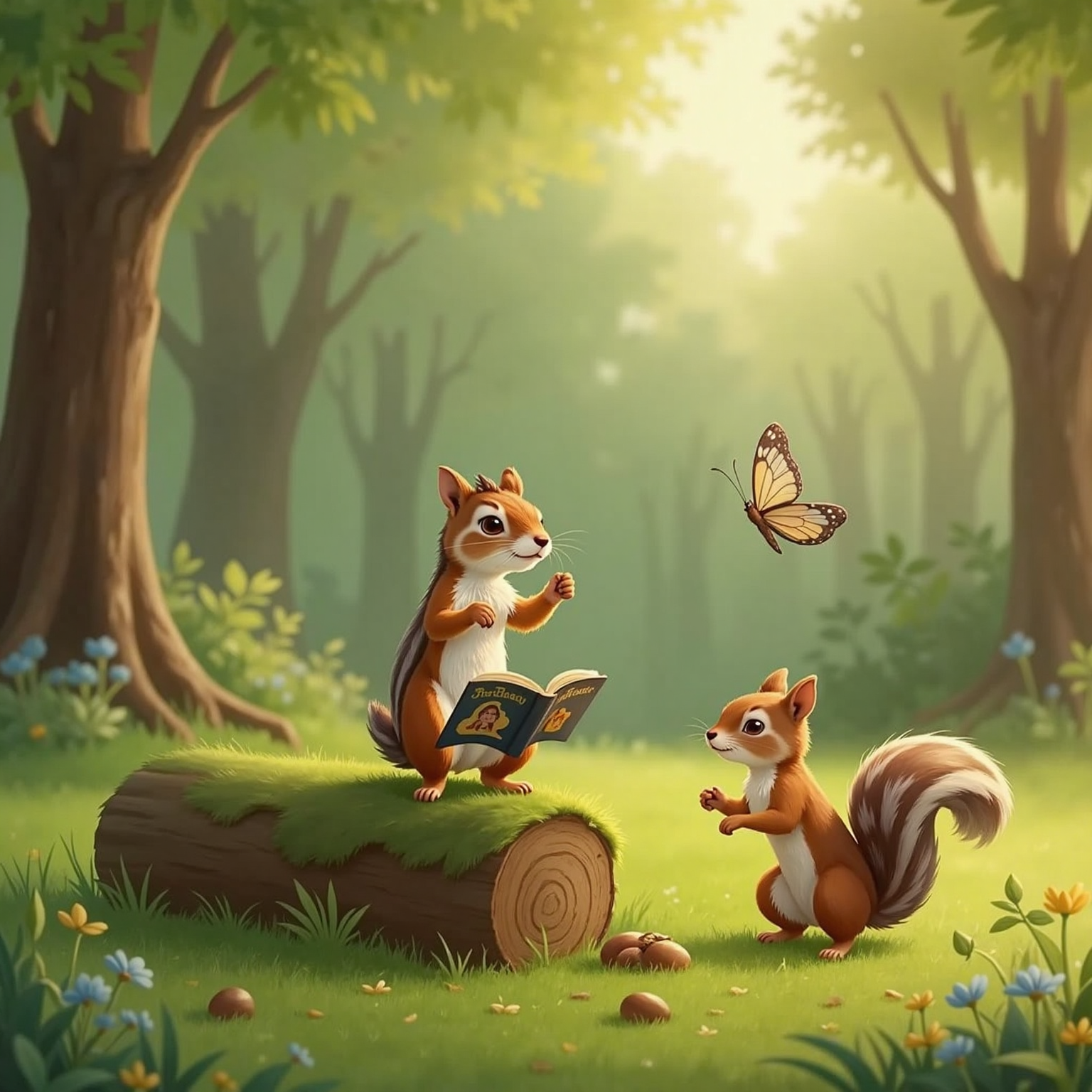 Morning sunlight bathes a grassy glade where Hugo wobbles atop a fallen log, arms out, copying Nutsy’s acrobatic pose. Nearby, Nutsy, tail flicking, squints at Hugo’s open storybook while Bella hovers mid-twirl, wings sparkling.