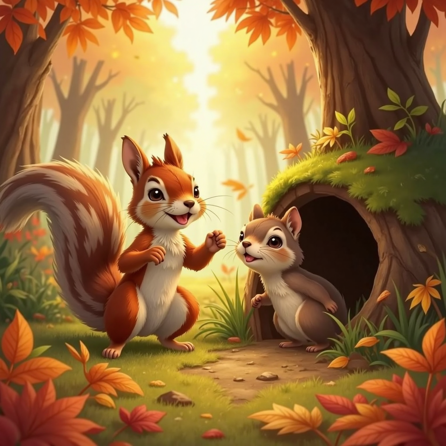 In the afternoon forest, orange leaves blanket the ground as Nutsy kneels, head poked into a hollow log, grinning. Inside, Hugo peeks out proudly while sunlight filters through branches and loose leaves drift around them.