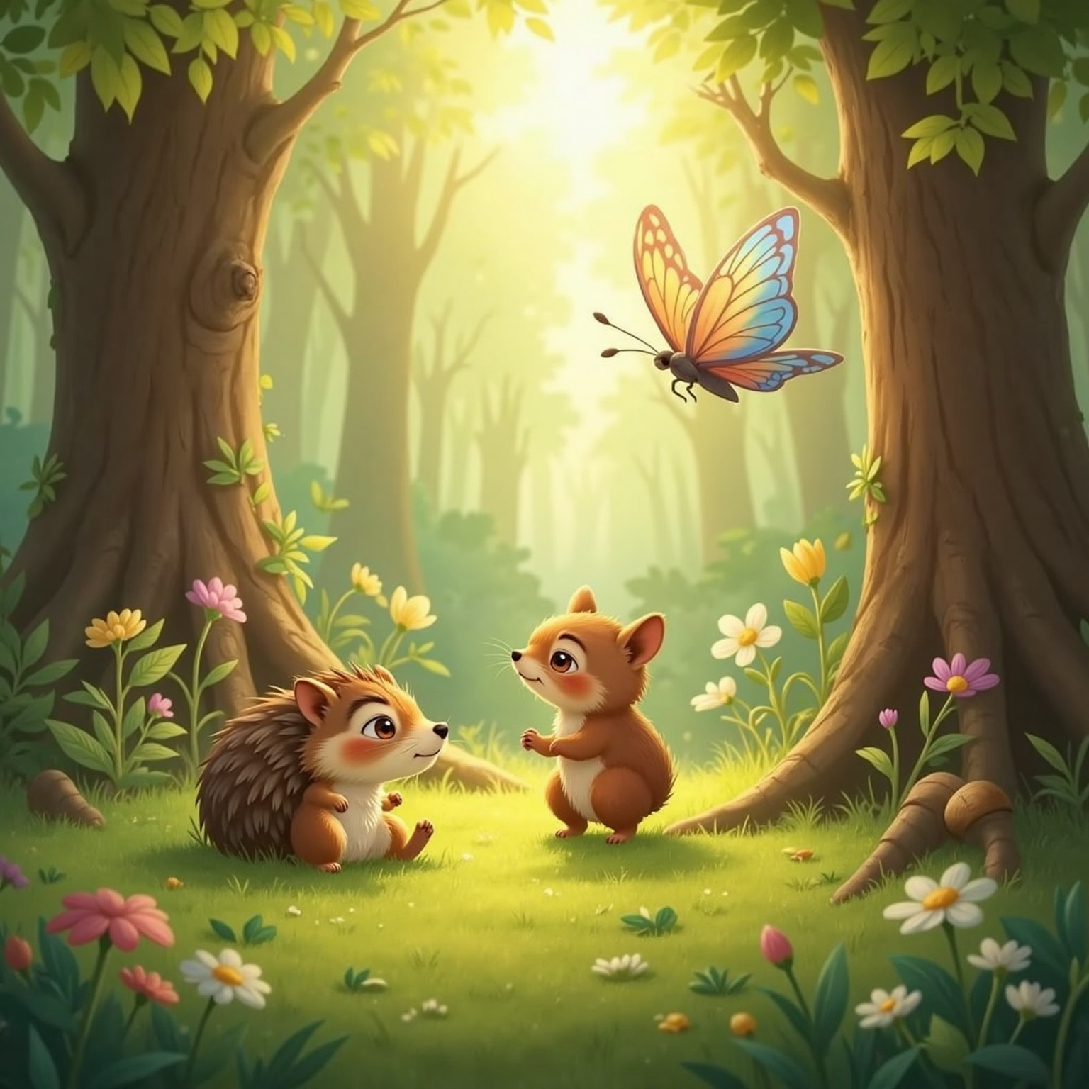 A sun-dappled woodland clearing becomes a tiny stage where Bella hovers center, wings fanned like shimmering curtains. Nearby, Hugo performs a cautious twirl, cheeks pink, while Nutsy sits half-buried in a moss pile, laughing at his tumble.