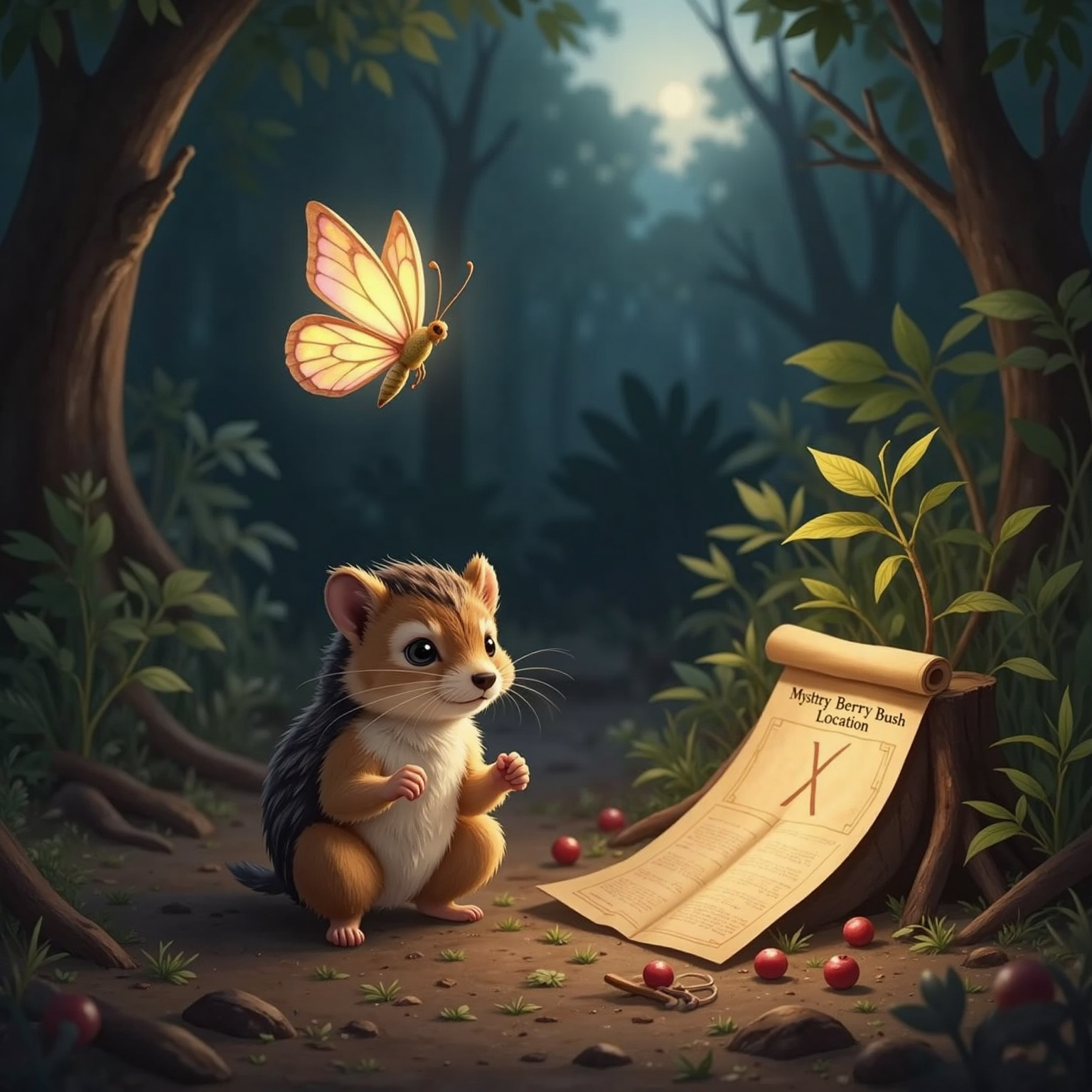 At dusk along an empty forest patch where only bare earth remains, Hugo kneels with an open map beside the vanished berry bush’s stump. Bella circles overhead, spotting red leaf stains, while Lumi floats nearby, casting gentle golden light.