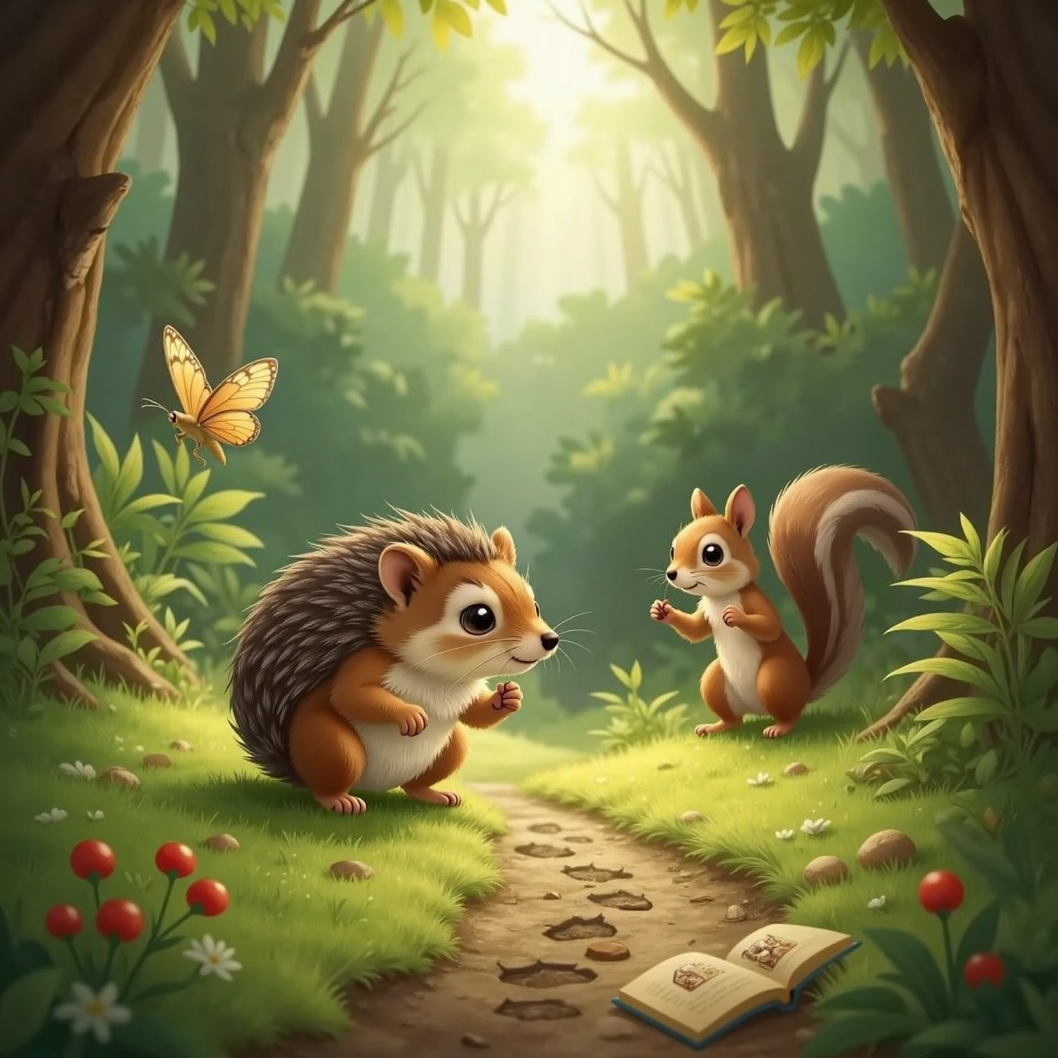 On a shady forest trail, Hugo crouches beside fresh paw prints and scattered berry seeds, fingertip comparing them with his open nature book. Bella hovers low, wing-shine illuminating the tracks, while Nutsy crouches ahead, ready to scout.