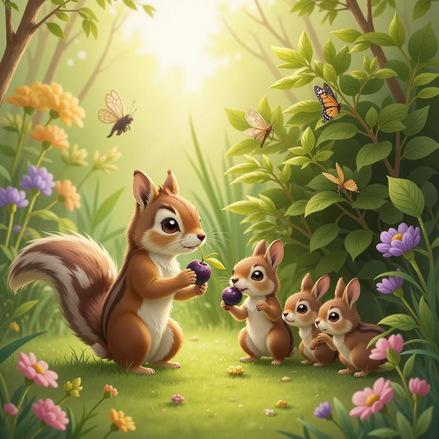 In a sunny blackberry clearing, Hugo kneels offering a berry to a family of shy rabbits beside the restored bush. Behind him, Nutsy bounces in delight, berry juice staining paws and noses everywhere.