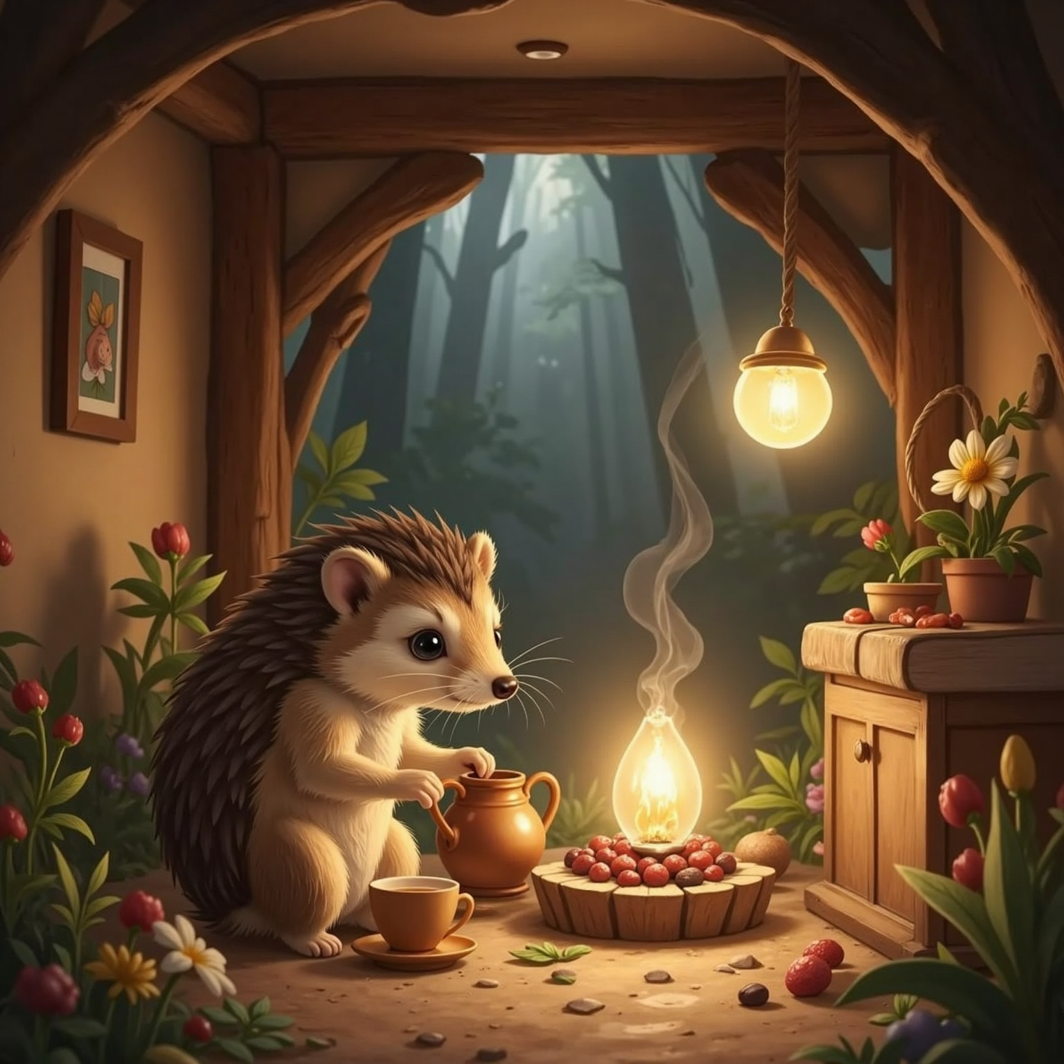 Inside Hugo’s lamplit burrow on a rainy afternoon, Hugo pours steaming berry tea into wooden cups. Bella hovers near the ceiling demonstrating a fluttery dance step while Lumi floats above the hearth, her glow painting warm patterns on earthen walls.