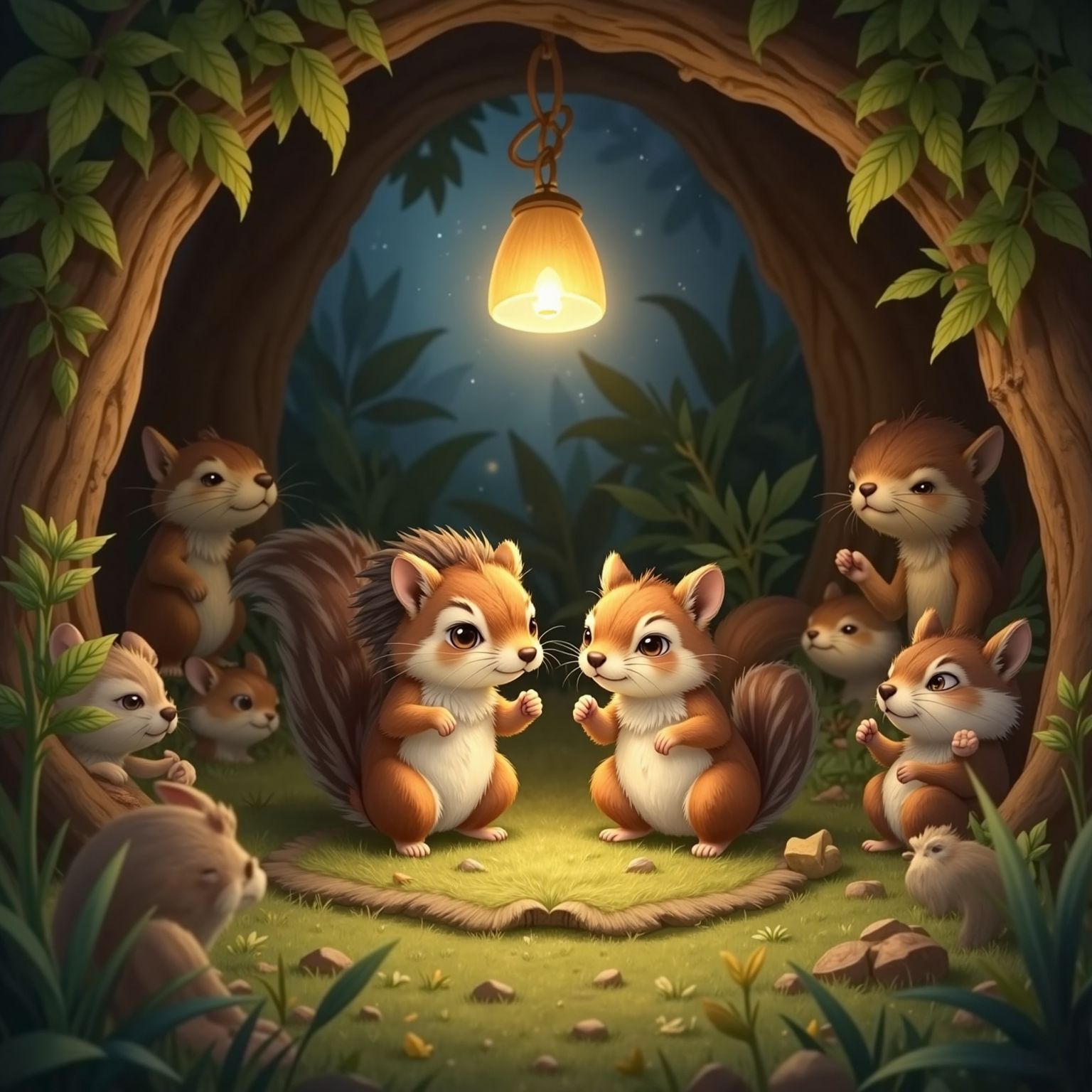 In the softly lit burrow that night, Hugo and Nutsy sit close on a woven rug, heads bowed as they share worries. Lumi wraps them and the other friends in a gentle glowing embrace, her light warming the shadows.