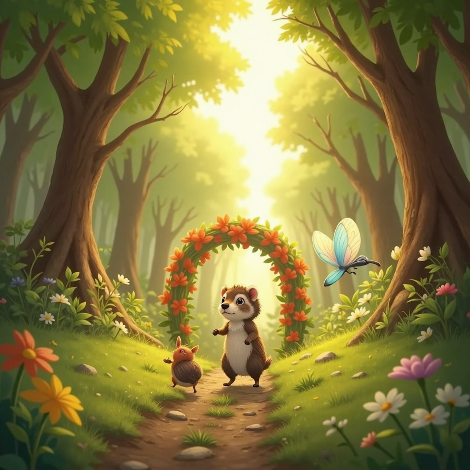 Along a sun-washed forest trail, Hugo runs determinedly while Bella flutters beside him, cheering with sparkling wings. Farther ahead, Lumi hovers over a leaf-marked finish line, her bright glow forming a welcoming arch.