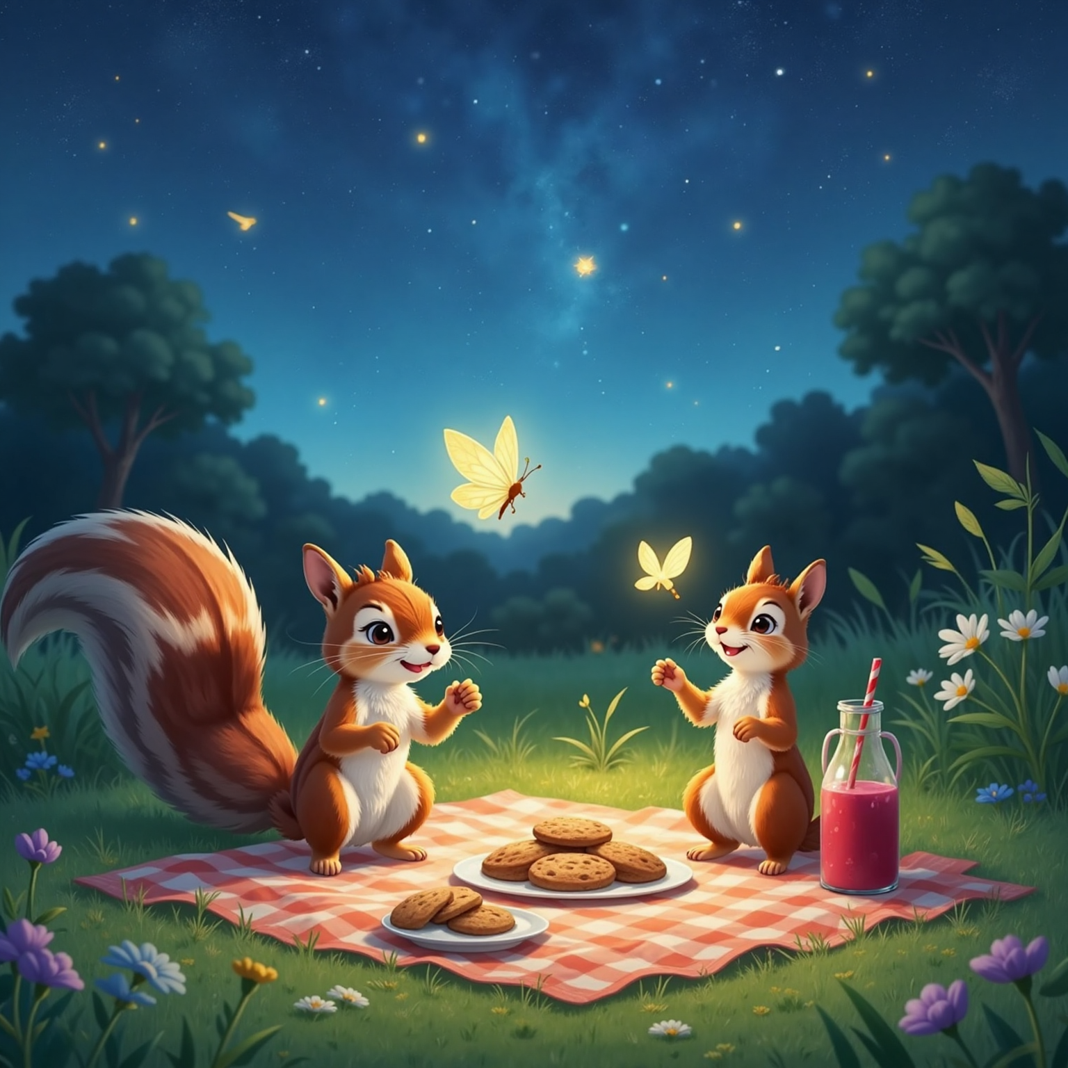 Under a clear starlit meadow, Bella spins amid drifting fireflies, wings reflecting Lumi’s gentle glow. Nearby, Nutsy juggles three acorns with a grin while a picnic cloth holding acorn cookies and berry juice rests beside them.