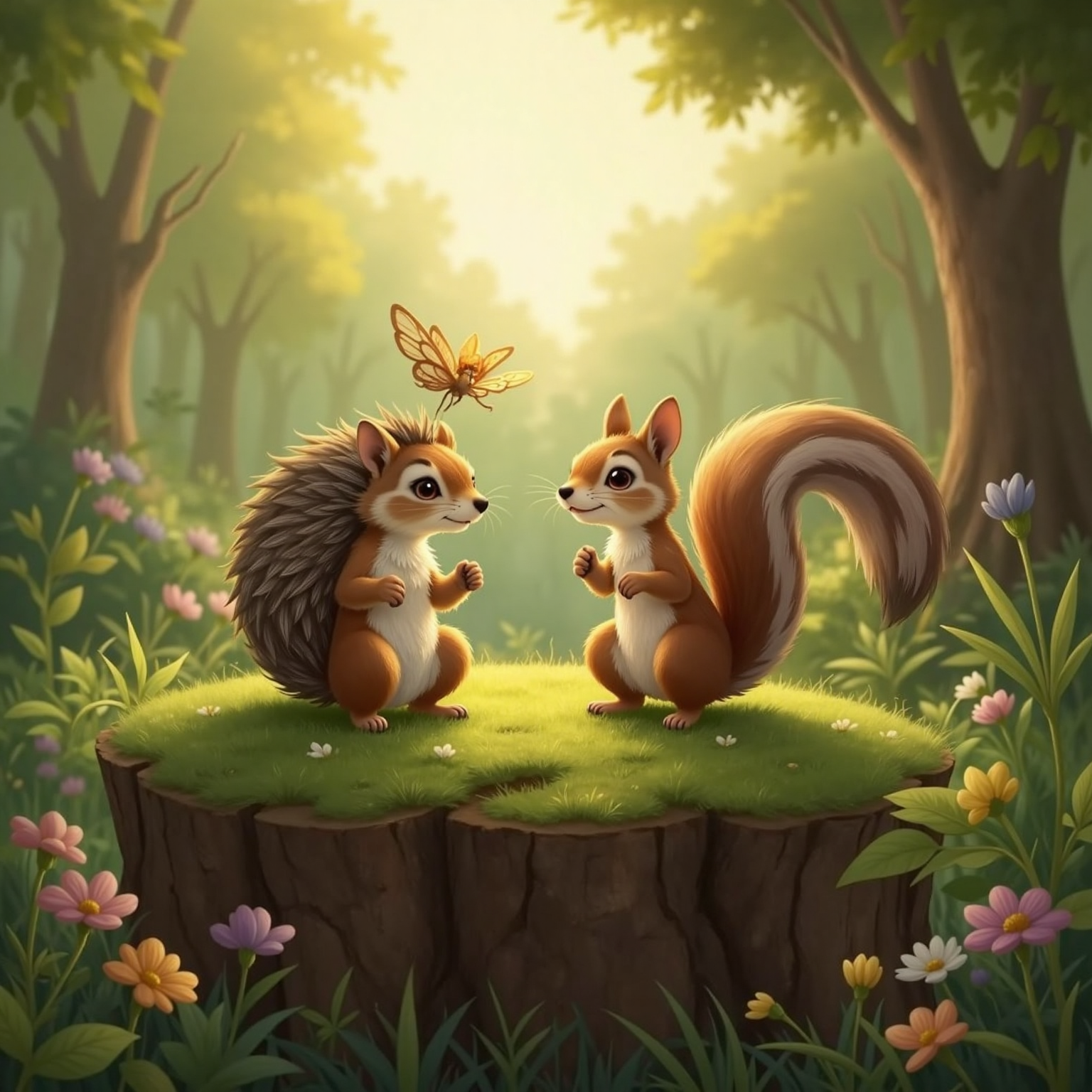 At dawn on a mossy hill overlooking the forest, Hugo and Nutsy sit side-by-side on a fallen log, sunrise painting their faces. Bella perches on a branch above, wings softly backlit, listening as they vow to help each other.
