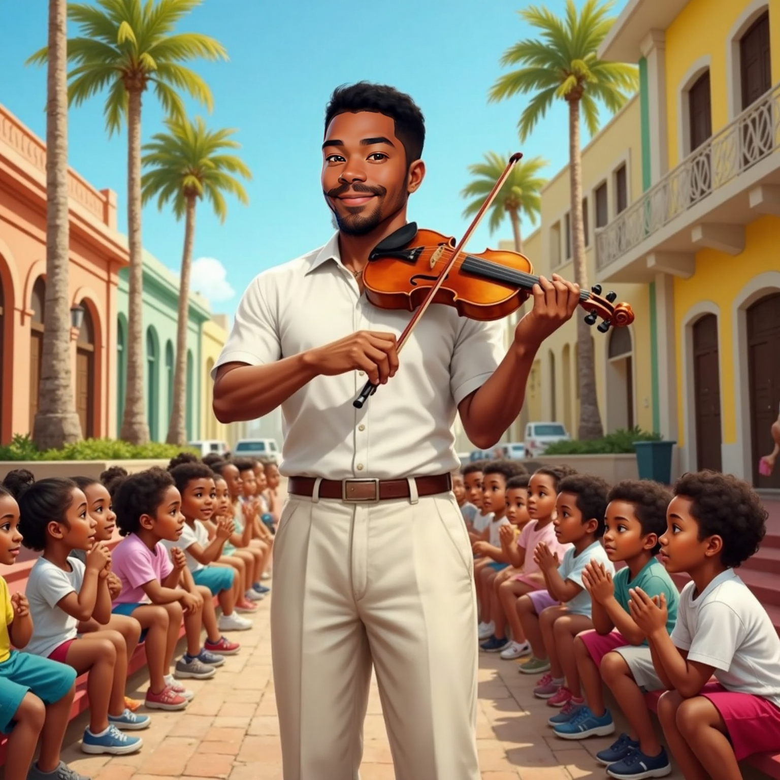 Outdoors in Cuba under bright midday sun, Enrique Jorrín stands smiling while playing his violin. Excited children sit around him, wide-eyed and clapping their hands.