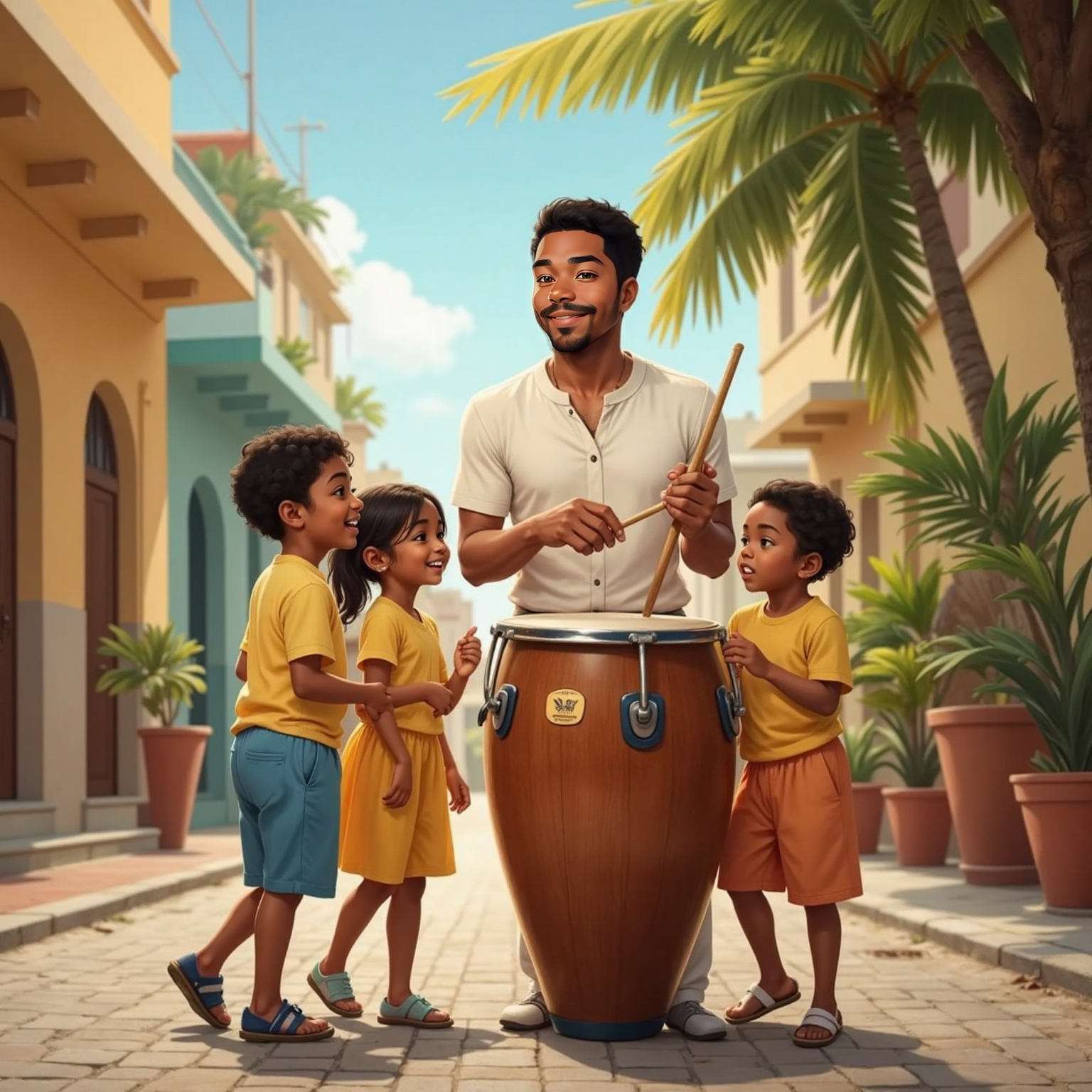 Outdoors in Cuba during warm afternoon sunlight, Enrique Jorrín grins while playing a congas and calling “cha-cha-chá.” Three children stand close, giggling and shuffling their feet in time with the new beat.