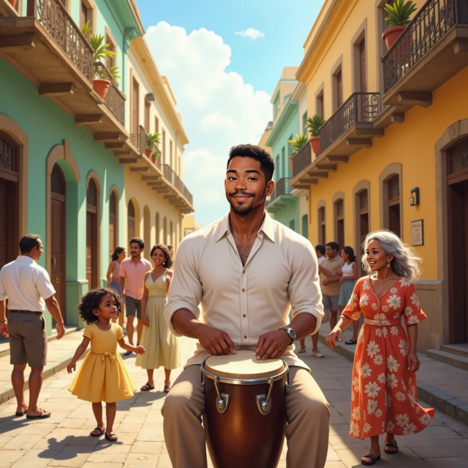 On a sunlit Cuban street, Enrique Jorrín plays a congas, smiling as a kid and a grandmother with silver hair twirls beside him. More families dance in the background, pastel buildings glowing under bright midday light.