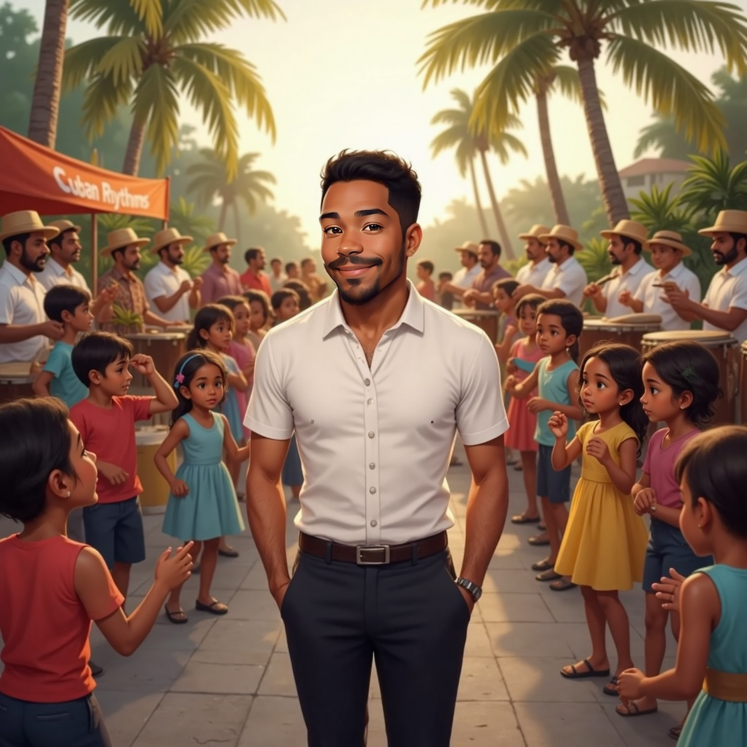 Outdoors at dusk, Enrique Jorrín stands without any instrument, smiling broadly while children from many places dance the cha-cha-chá together in a lively circle around him. In the background there is a band of cuban playing the cha-cha-chá  with typical isntruments like the congas, bongos, timbales, cowbell, güiro, and maracas. 