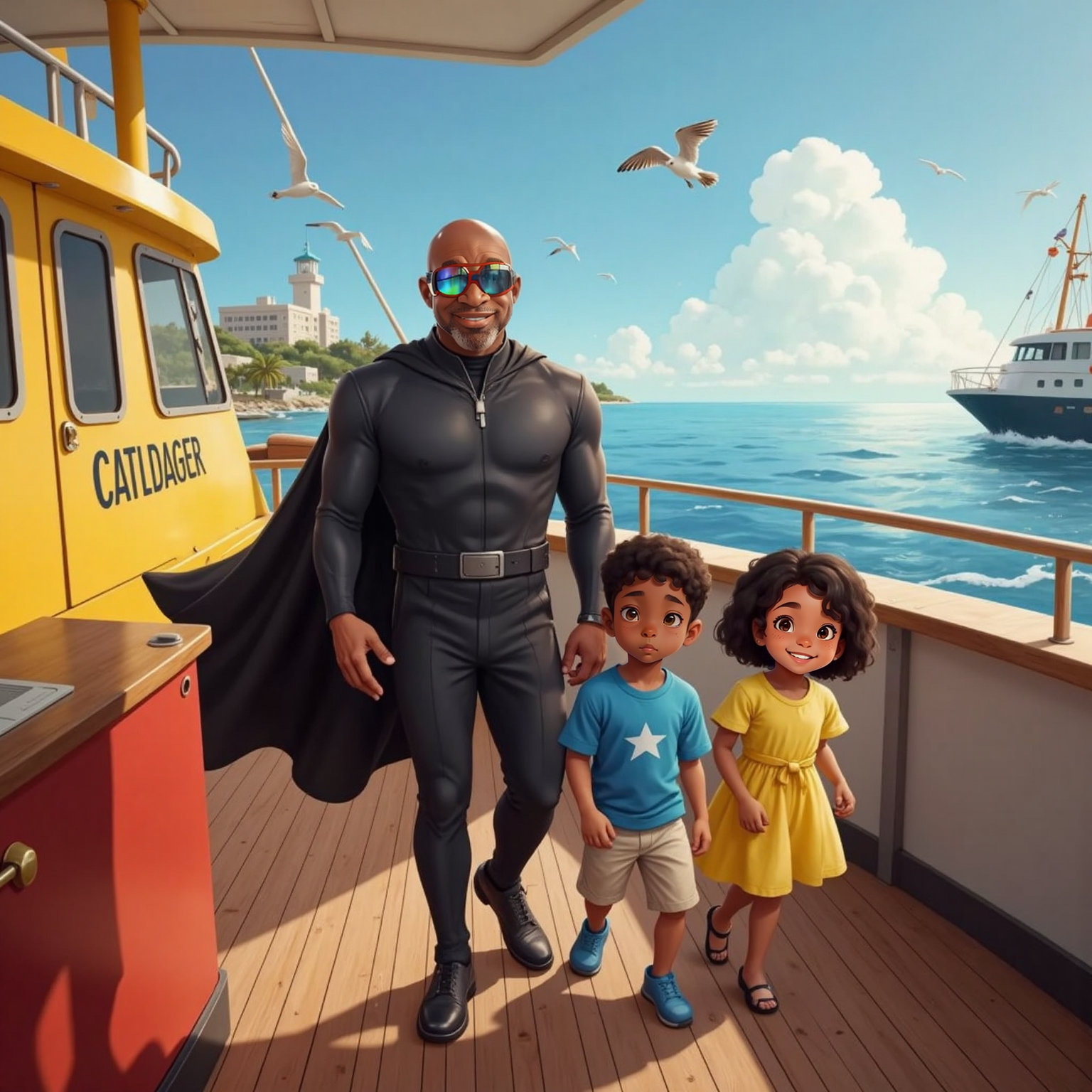 At the sunlit harbor dock, Captain Faith stands on the ship’s deck with a broad smile, while Kayla and Mason step aboard eagerly, eyes wide. Bright morning light glints off gentle harbor waves.