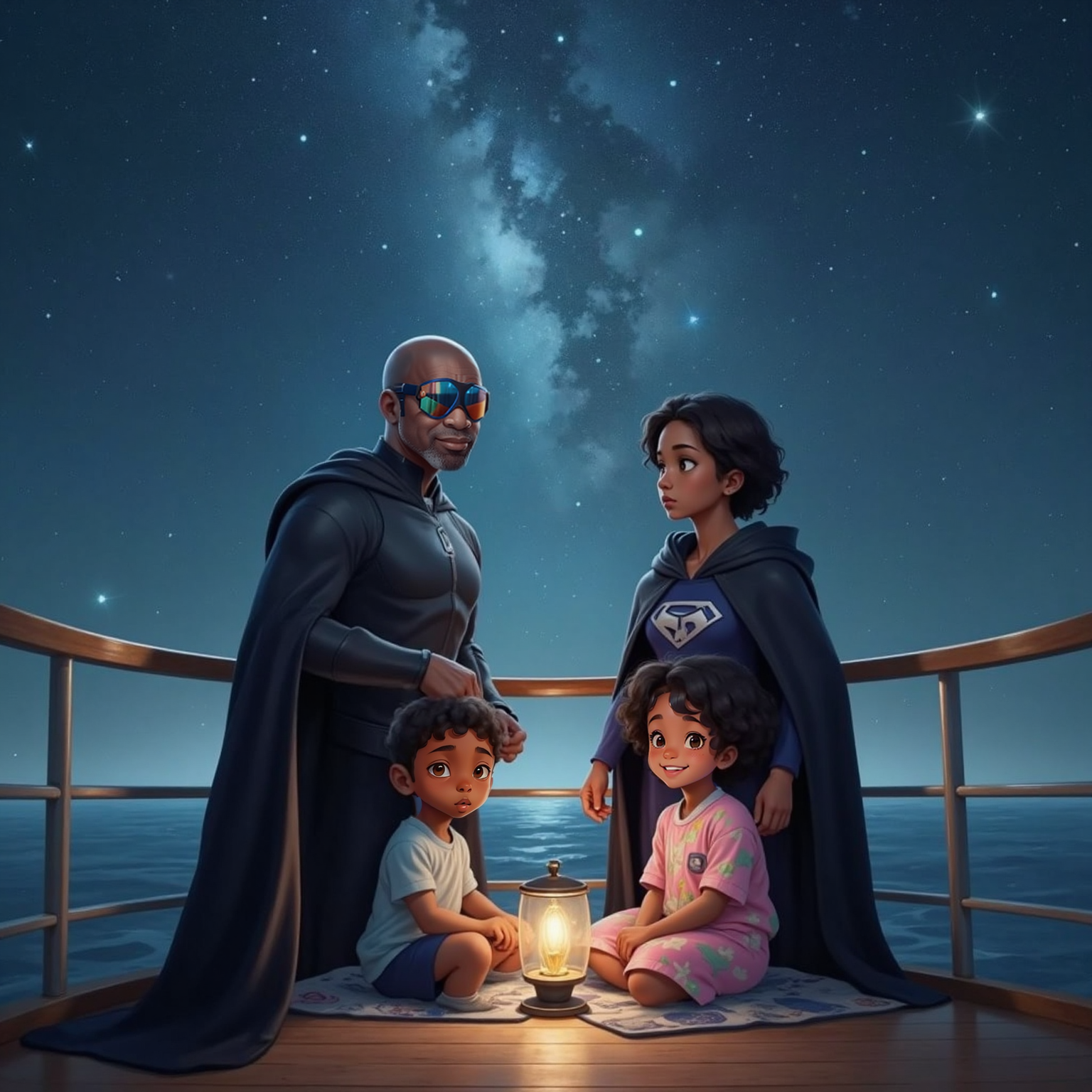 On the quiet boat deck beneath a sky crowded with stars, Mason sits cross-legged yawning while Kayla leans toward Captain Faith, whispering softly. Cool night starlight casts silver highlights on their thoughtful faces.