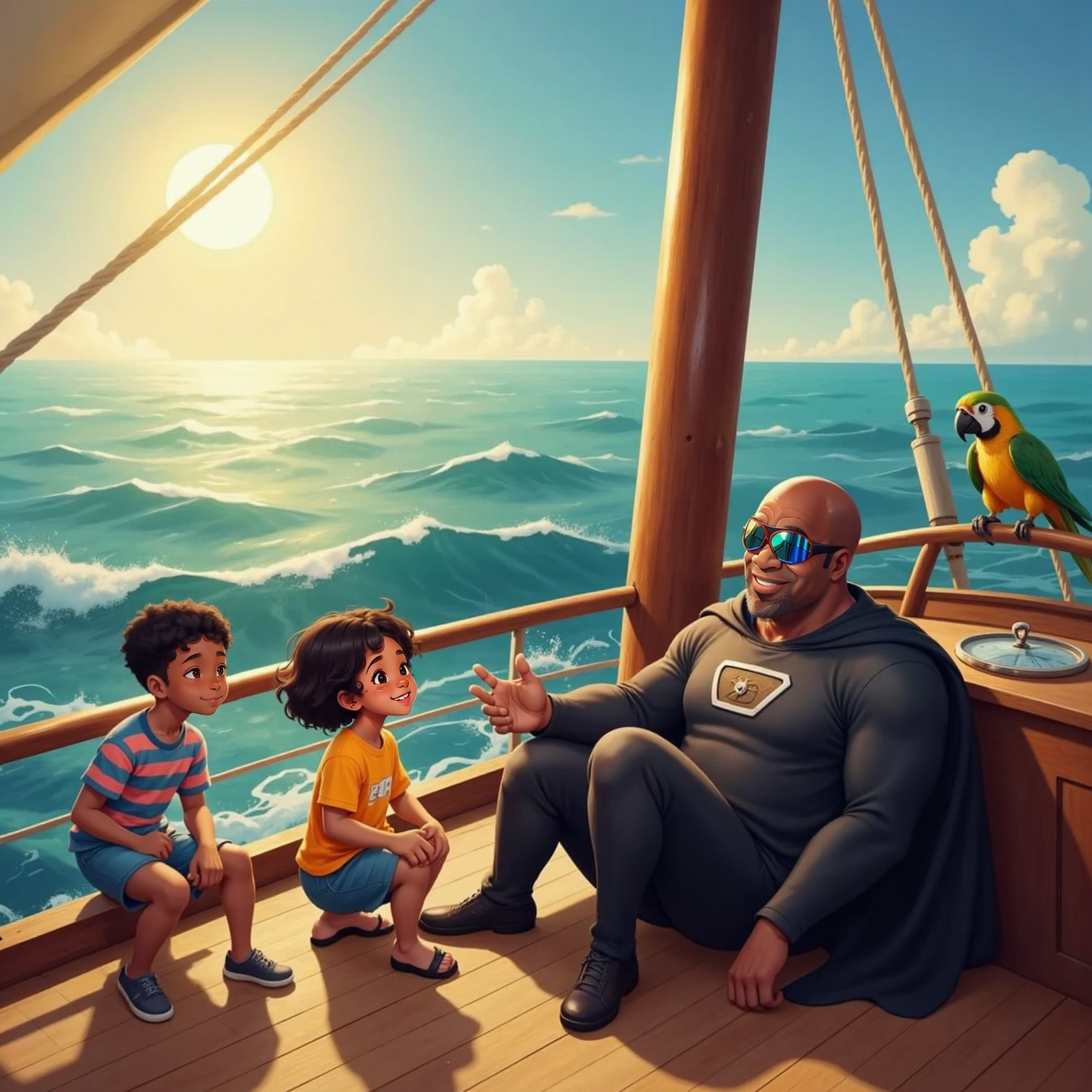 Mid-afternoon on the open sea, Captain Faith reclines against the mast telling animated stories, hands gesturing above rolling waves. Kayla sits nearby nodding intently, while Mason balances at the rail, grinning toward the blue horizon.