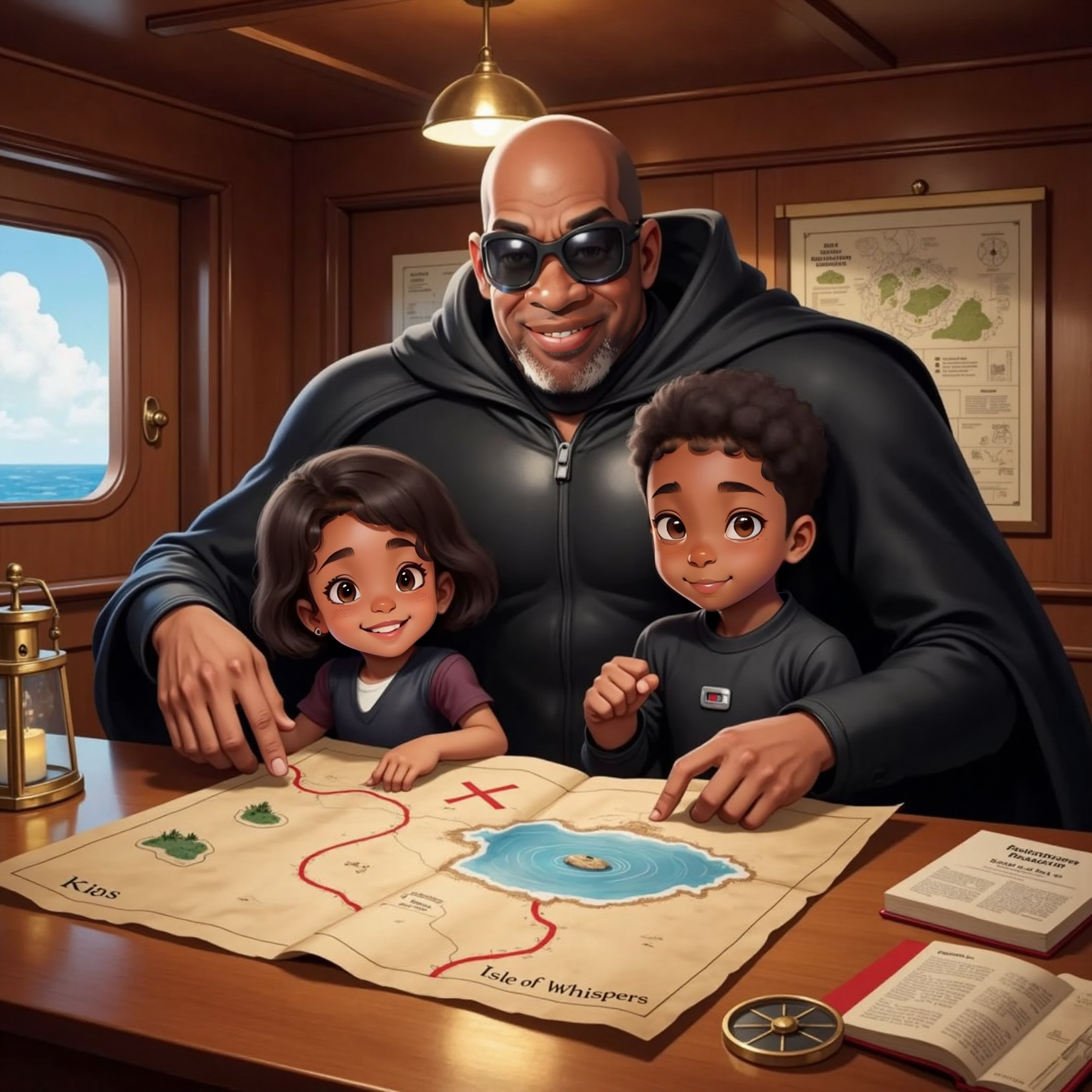 Inside the ship’s cozy cabin at dusk, lantern light glows over a wooden chart table where Captain Faith presents a shiny map. Kayla traces winding lines with focused eyes as Mason leans in, pointing excitedly.