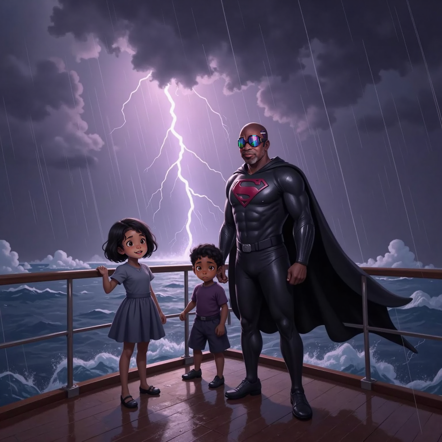 On the rain-lashed deck during an afternoon storm, Kayla clutches the railing, worried eyes lifted to black clouds, while Mason crouches nearby, rain pounding his hair. Captain Faith stands upright, arm raised, smiling confidently as lightning backlights the scene.
