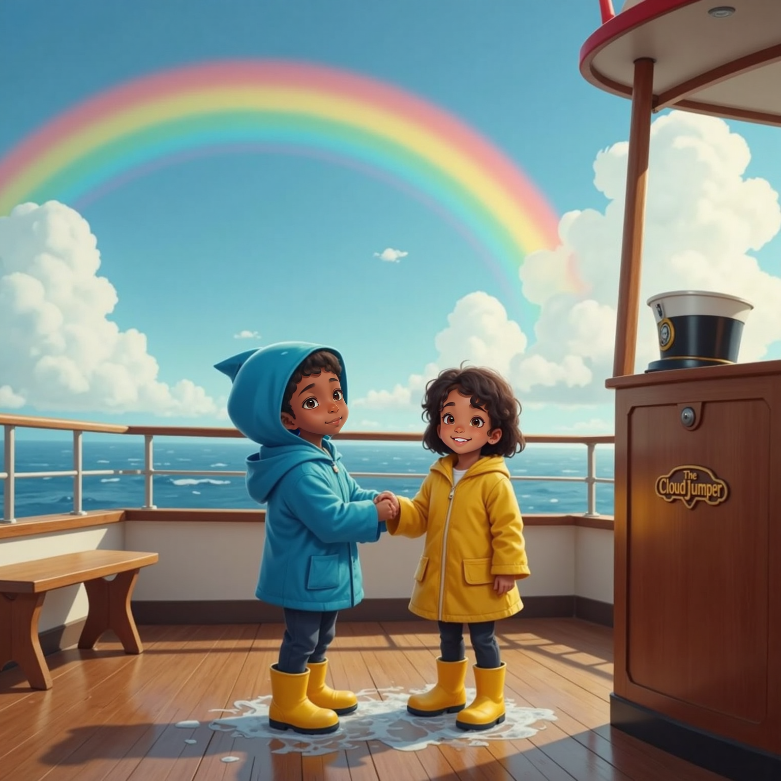 Under a fresh rainbow arching across the clearing sky, the damp ship deck glistens in late-afternoon sun. Mason giggles at the vivid colors while Kayla, smiling, gently squeezes Captain Faith’s hand beside the bright puddles.