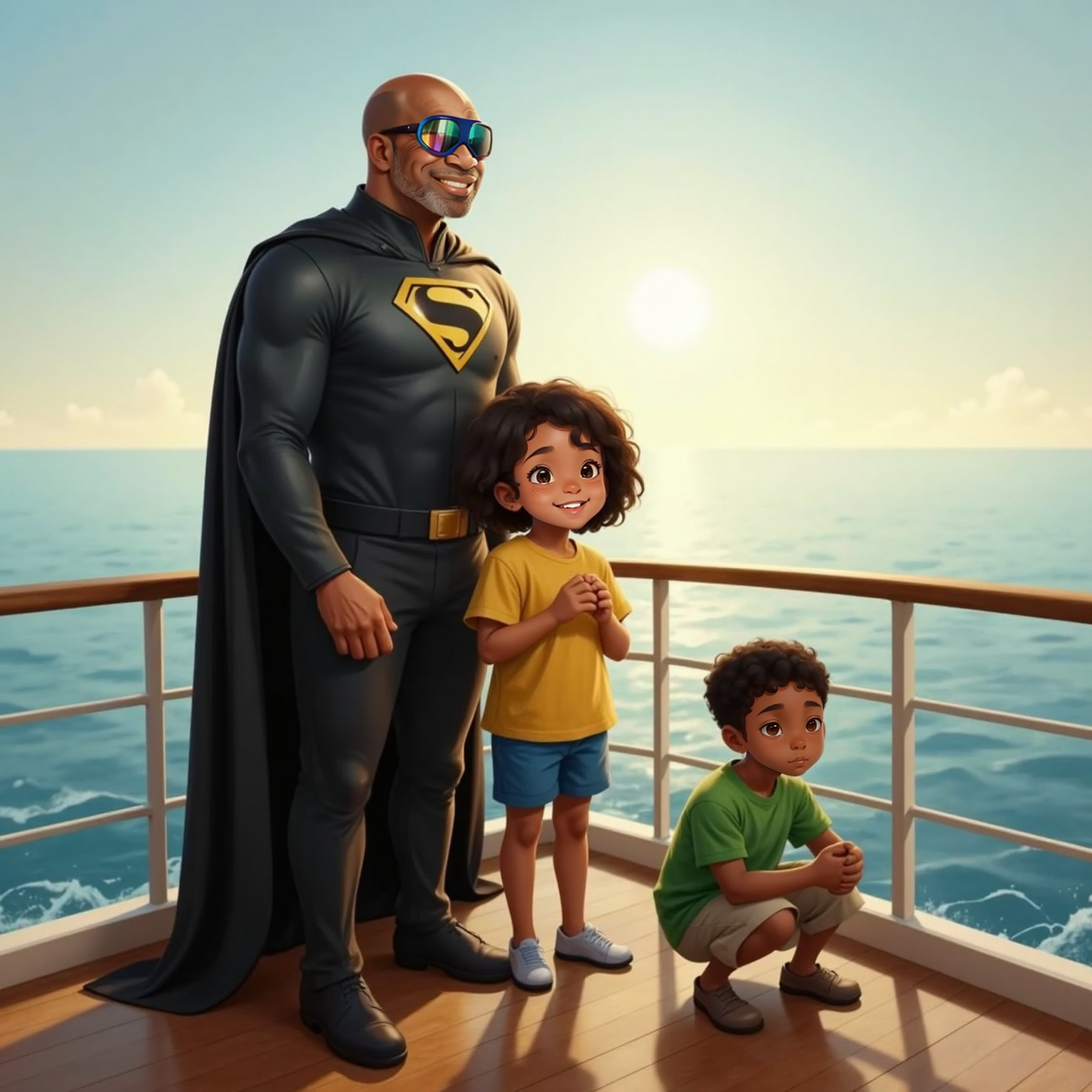 On the quiet morning deck surrounded by calm seas, Kayla closes her eyes, head tilted to the gentle breeze, listening intently. Nearby, Mason kneels with clasped hands while Captain Faith watches proudly beneath soft golden sunlight.