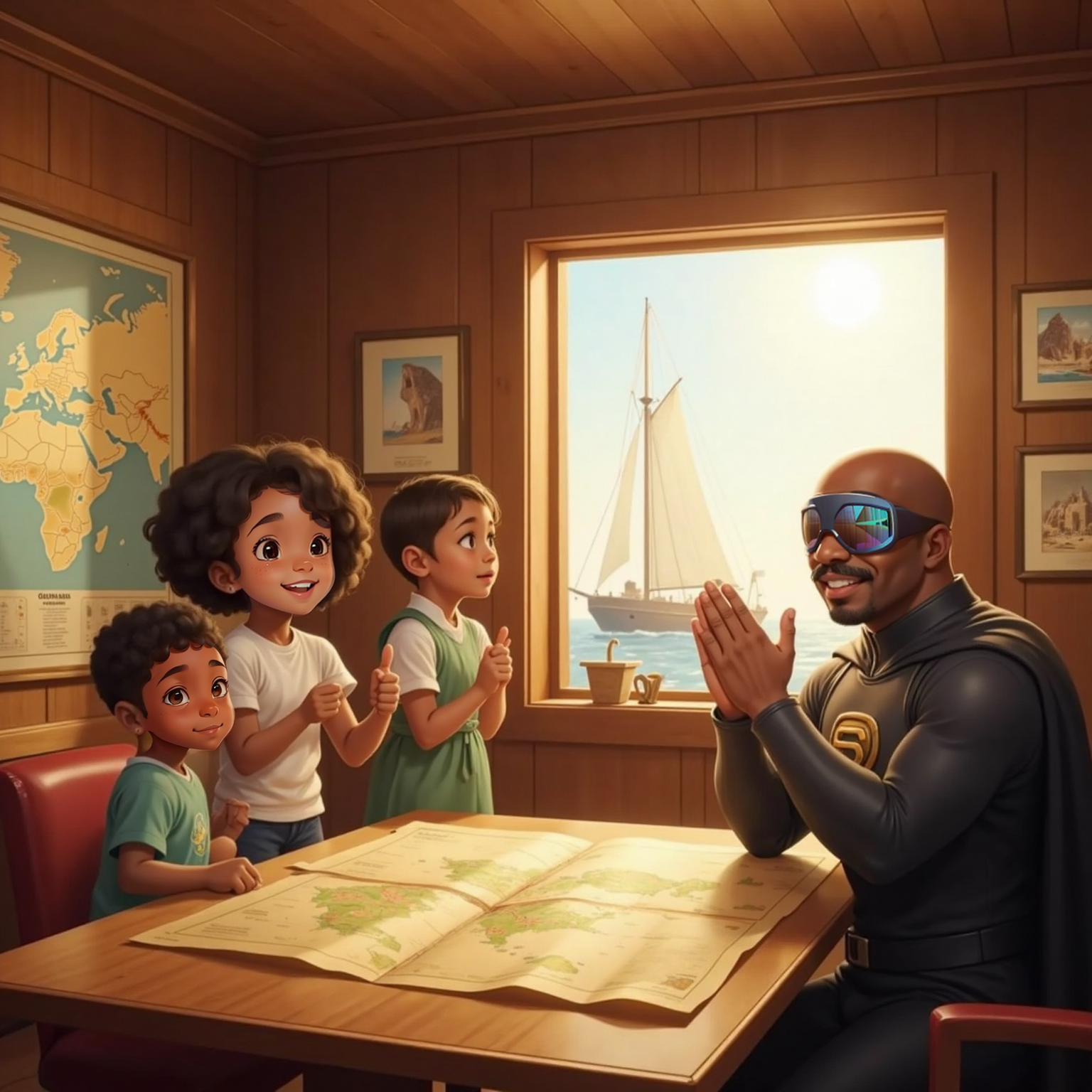 Inside the sunlit cabin, the shiny map still spread across the table, Kayla stands upright announcing she will help a friend. Mason raises a thumbs-up beside her while Captain Faith claps enthusiastically.