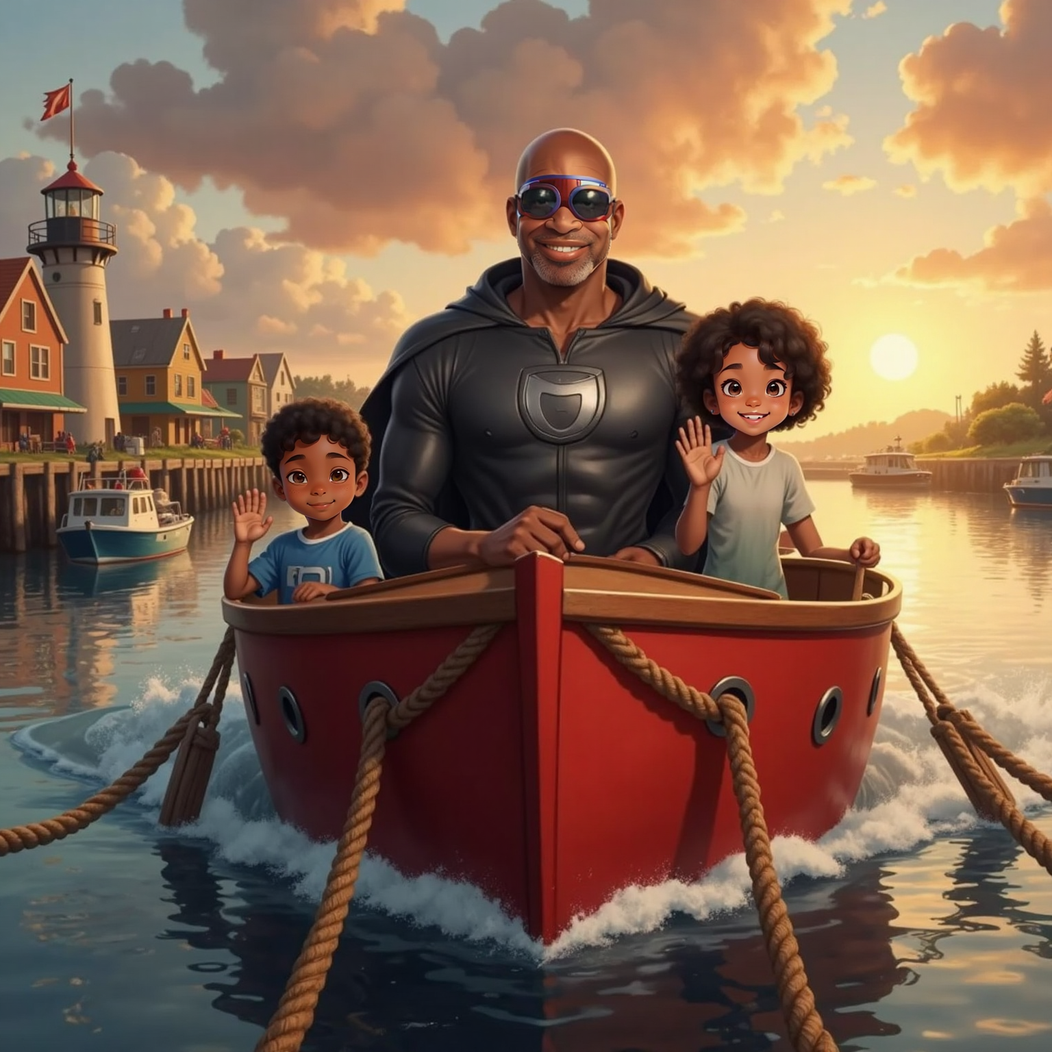Approaching the familiar harbor at golden sunset, the ship glides past wooden pilings as Captain Faith stands at the wheel smiling. On the bow, Kayla and Mason wave exuberantly toward the shore, reflections shimmering on calm water.