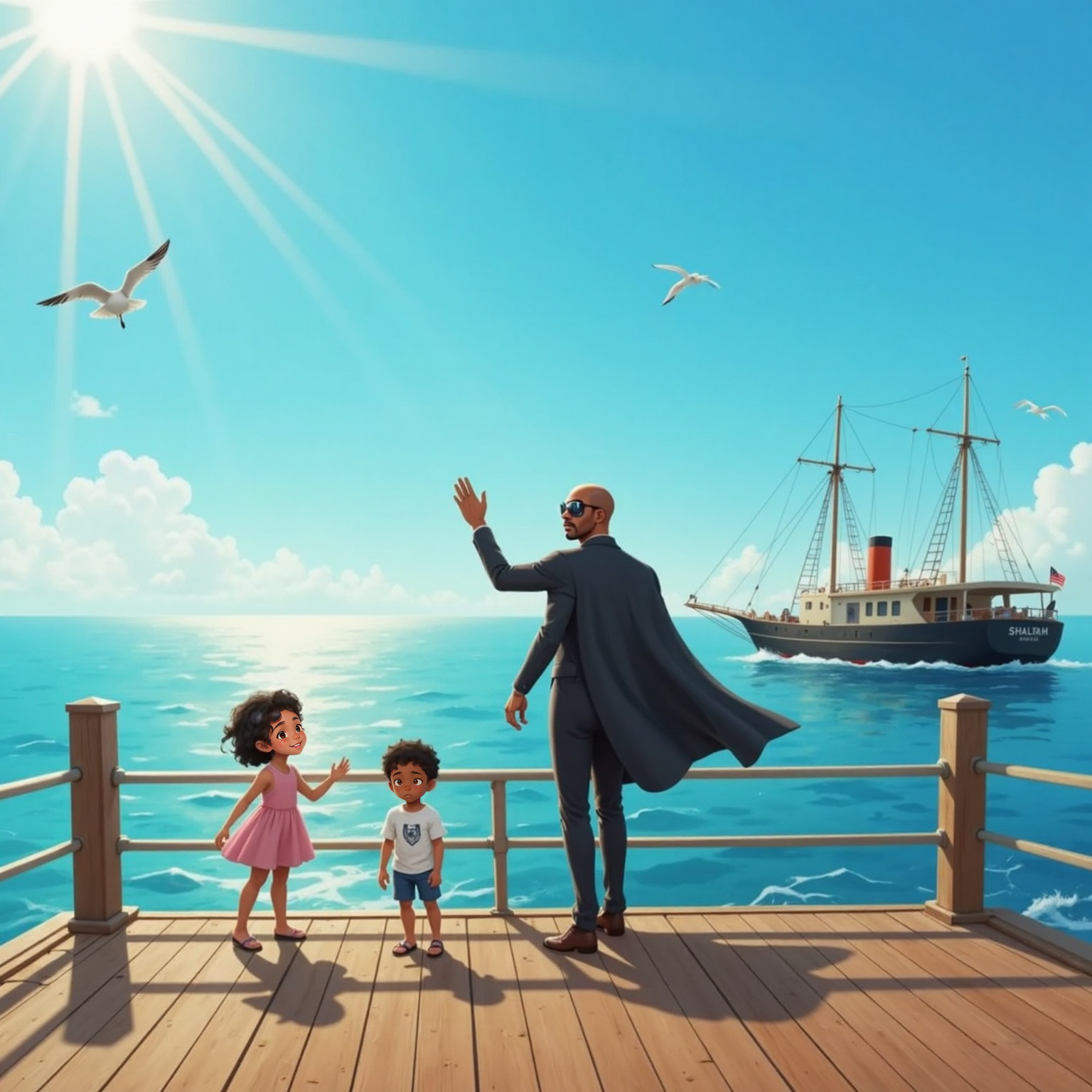 From a sunny seaside pier the next morning, Kayla and Mason stand side by side, eyes bright toward the horizon. Far off on the sparkling water, Captain Faith waves from his ship’s deck beneath clear blue sky.