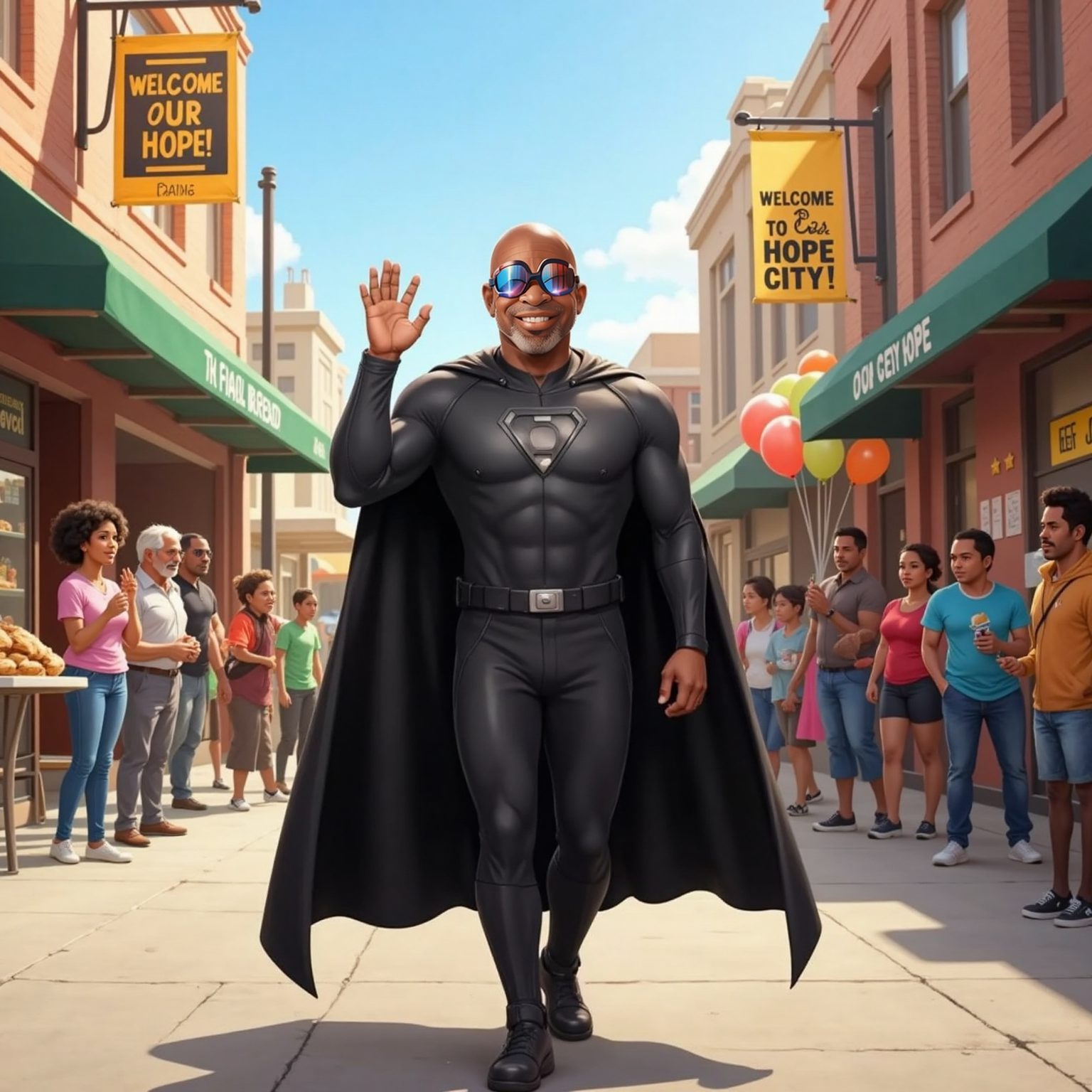 On a sunny morning street in Hope City, Captain Faith strolls past bright storefronts, his shiny bald head reflecting light. He beams and waves as cheerful citizens return the greeting beside colorful banners.